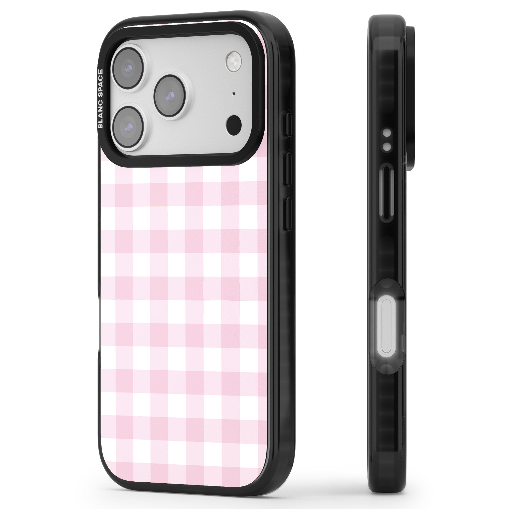 Pink Gingham Pattern iPhone 17 Pro Impact Pro Black Phone Case Side Profile