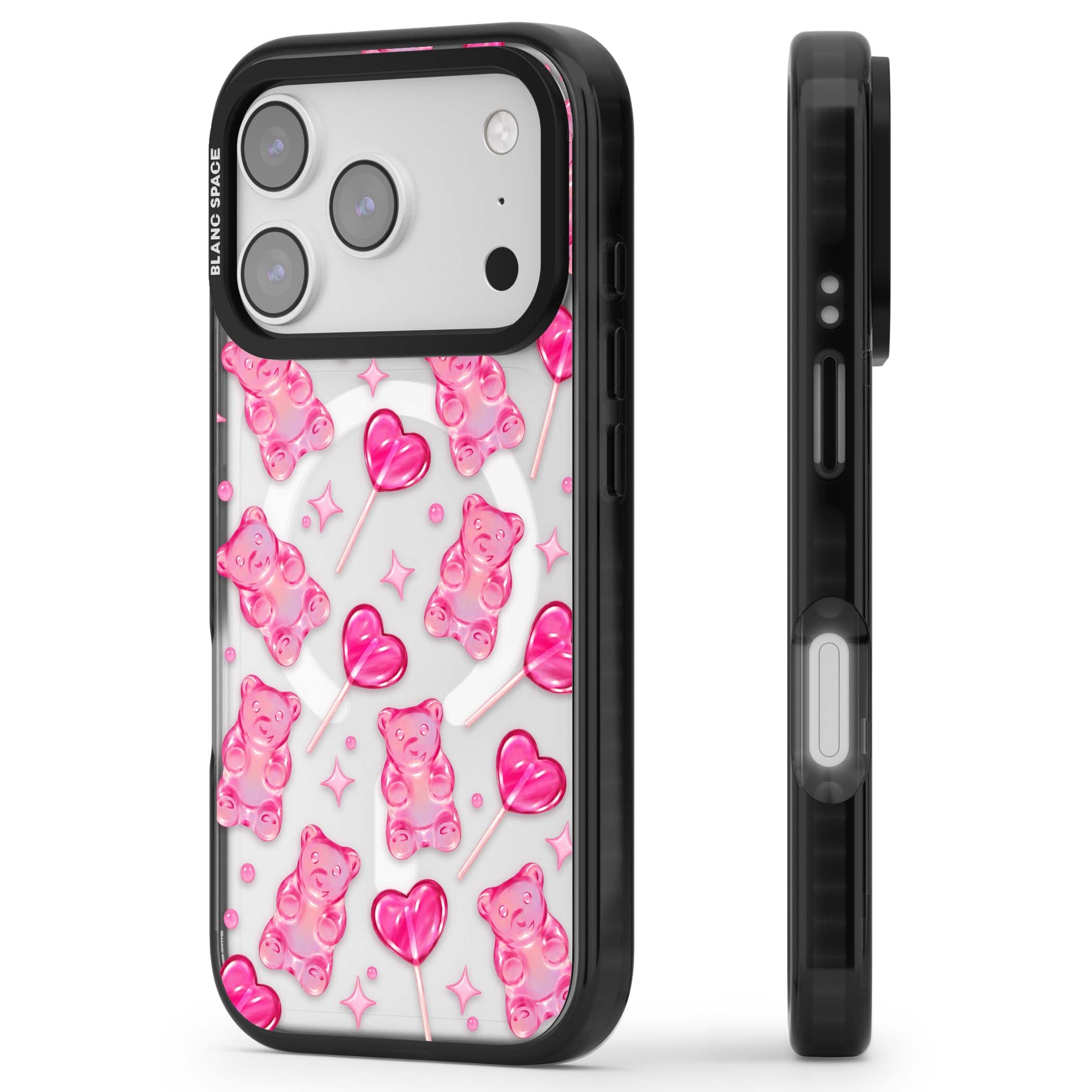 Pink Sugar pinkcore iPhone case featuring pink gummy bears, heart-shaped lollipops and sparkle stars | Black Impact Magsafe case for iPhone 17 Pro, iPhone 17 Pro Max