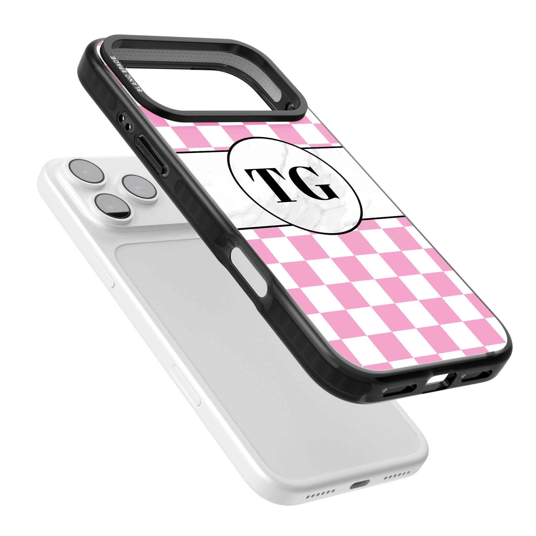 Personalised Monogrammed Pink Check iPhone 17 Pro Impact Pro Black Phone Case Colours