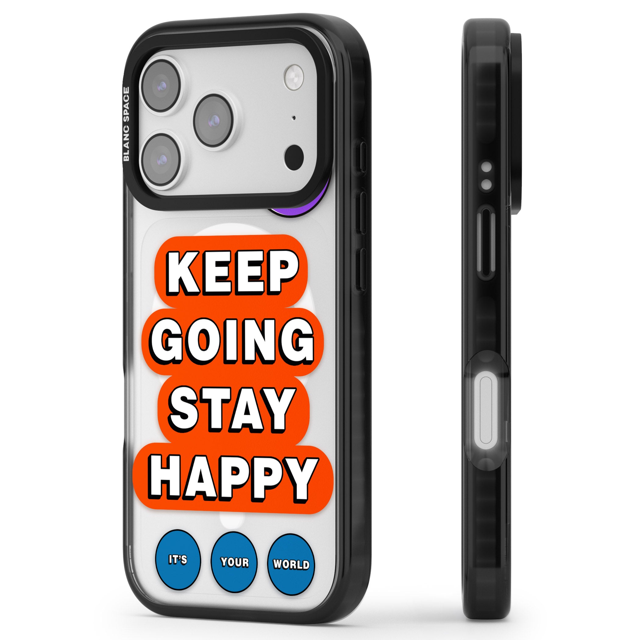 Keep Going Stay Happy iPhone 17 Pro Impact Pro Black Phone Case Side Profile