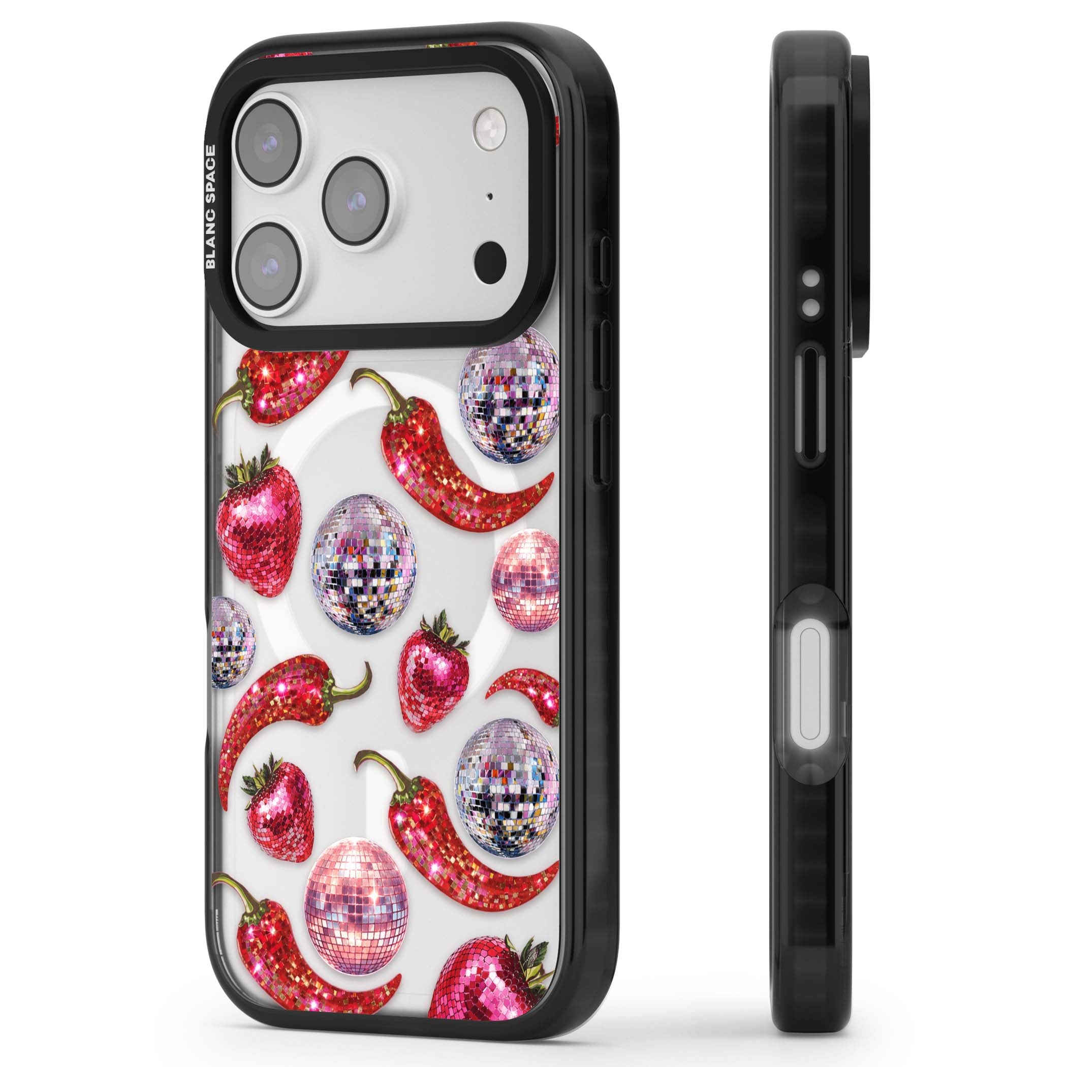 Spicy Disco Y2K iPhone case featuring glitter disco balls, sparkly strawberries and red chilli peppers | Black Impact Magsafe case for iPhone 17 Pro, iPhone 17 Pro Max