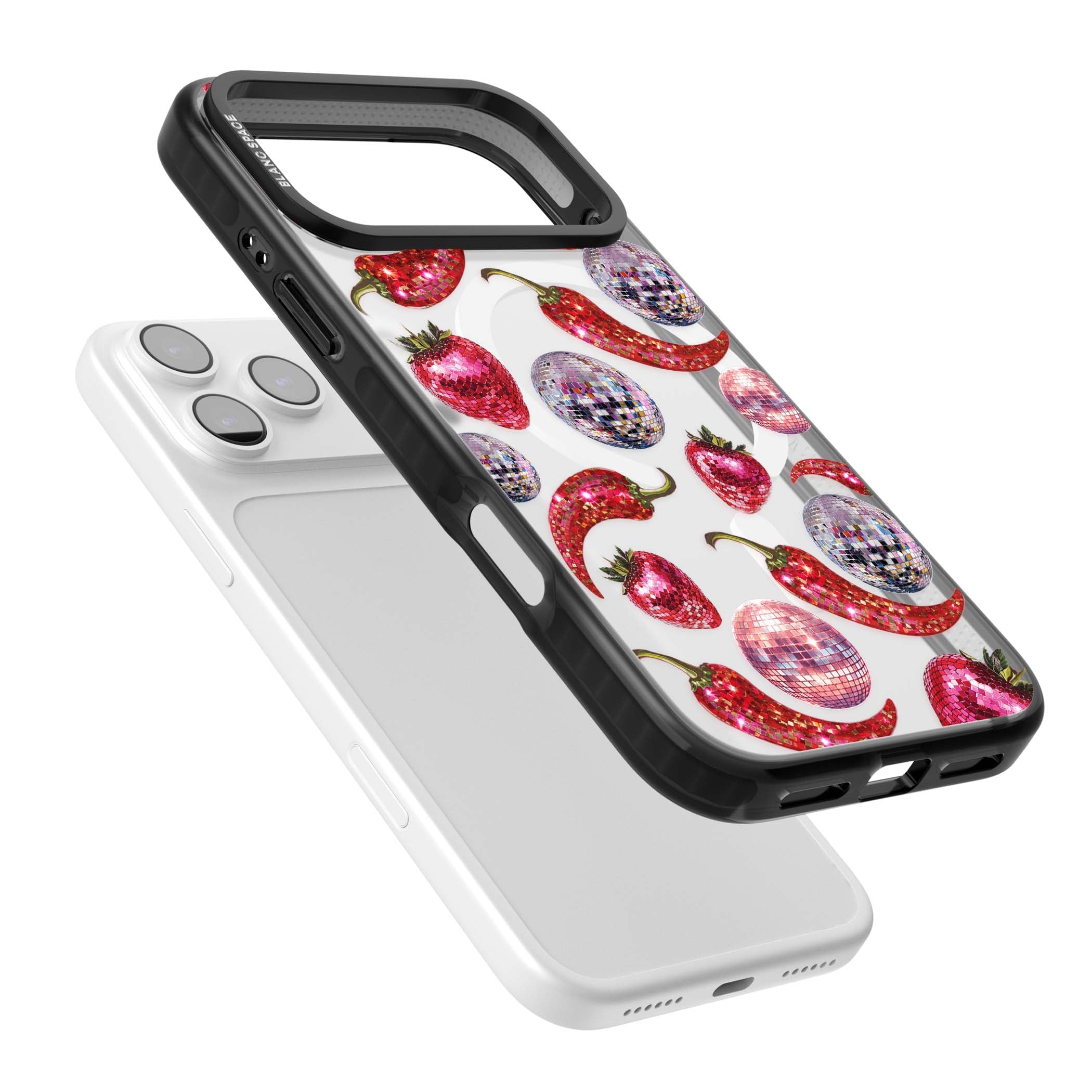 Spicy Disco Y2K iPhone case featuring glitter disco balls, sparkly strawberries and red chilli peppers | Black Impact Magsafe case for iPhone 17 Pro, iPhone 17 Pro Max