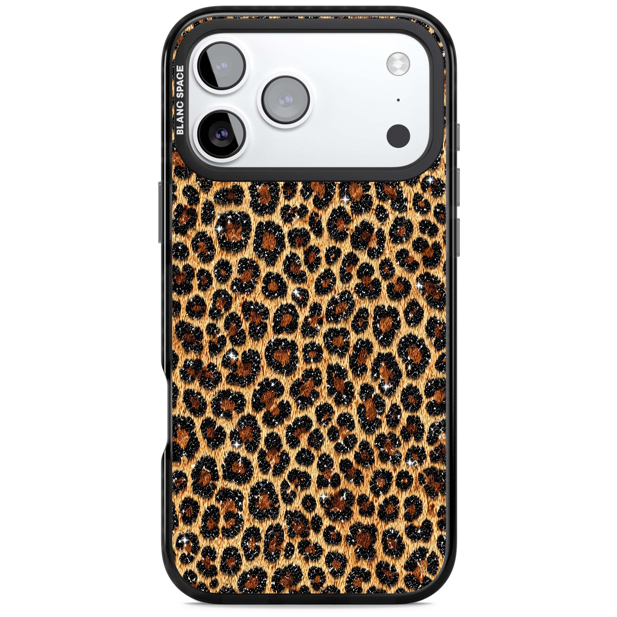 Diamond Leopard leopard print iPhone case featuring golden tan fur, black rosette spots and subtle glitter sparkle | Black Impact Magsafe case for iPhone 17 Pro, iPhone 17 Pro Max
