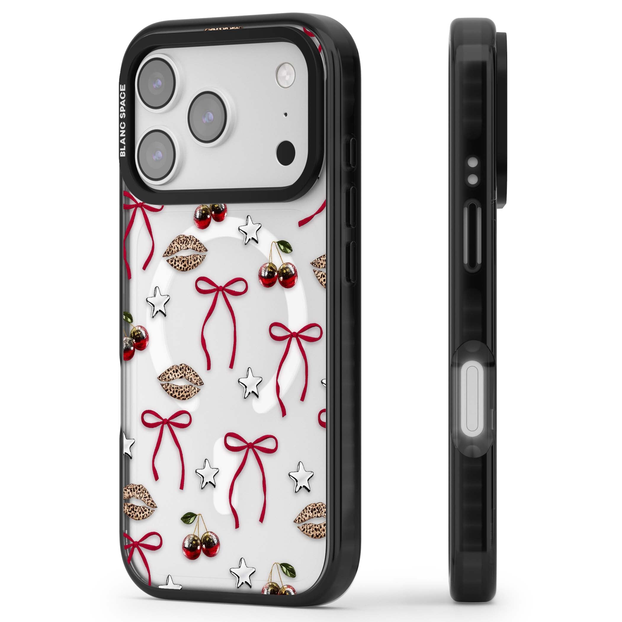 Starlet coquette iPhone case featuring red ribbon bows, disco cherries and leopard-print lips | Black Impact Magsafe case for iPhone 17 Pro, iPhone 17 Pro Max
