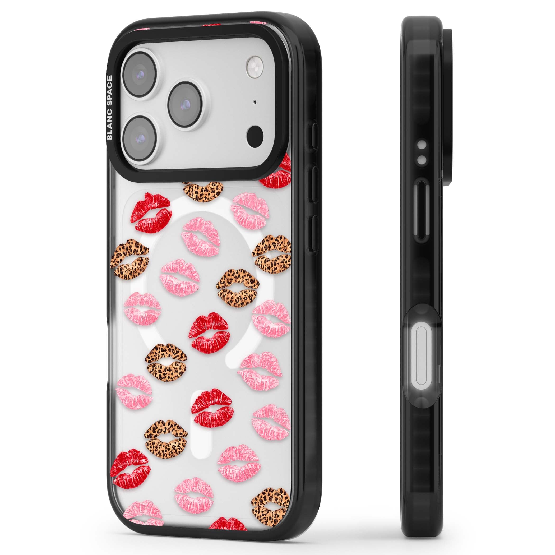 Wild Kisses coquette iPhone case featuring red, pink and leopard print lipstick kiss marks on a clear background | Black Impact Magsafe case for iPhone 17 Pro, iPhone 17 Pro Max