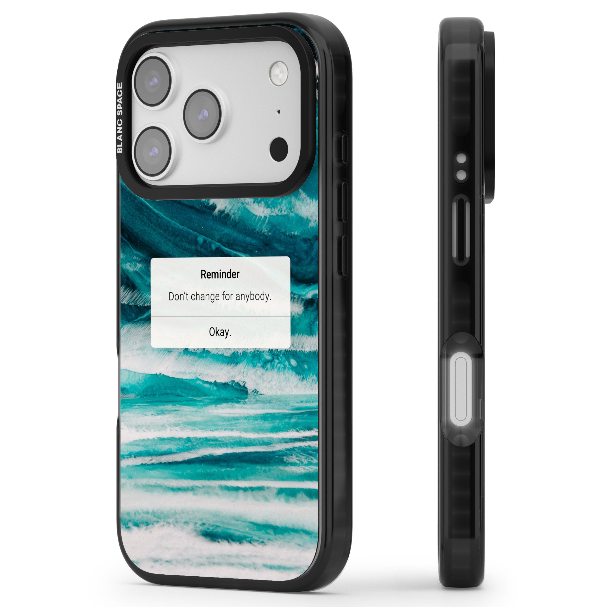 Ocean Vibe Reminder iPhone 17 Pro Impact Pro Black Phone Case Side Profile