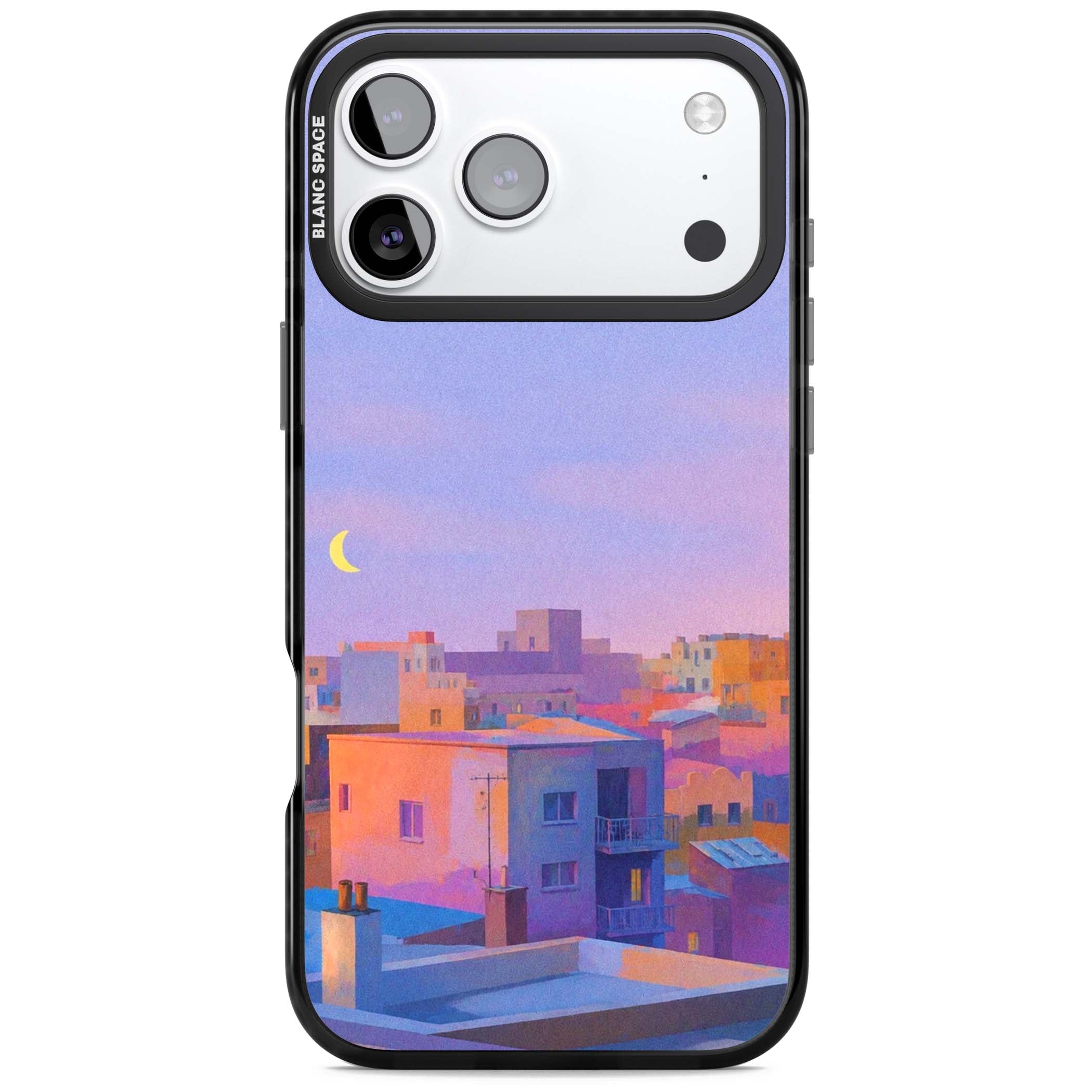 Twilight Rooftops vaporwave iPhone case featuring a pastel sunset cityscape, painted rooftops and a crescent moon. | Black Impact Magsafe case for iPhone 17 Pro, iPhone 17 Pro Max