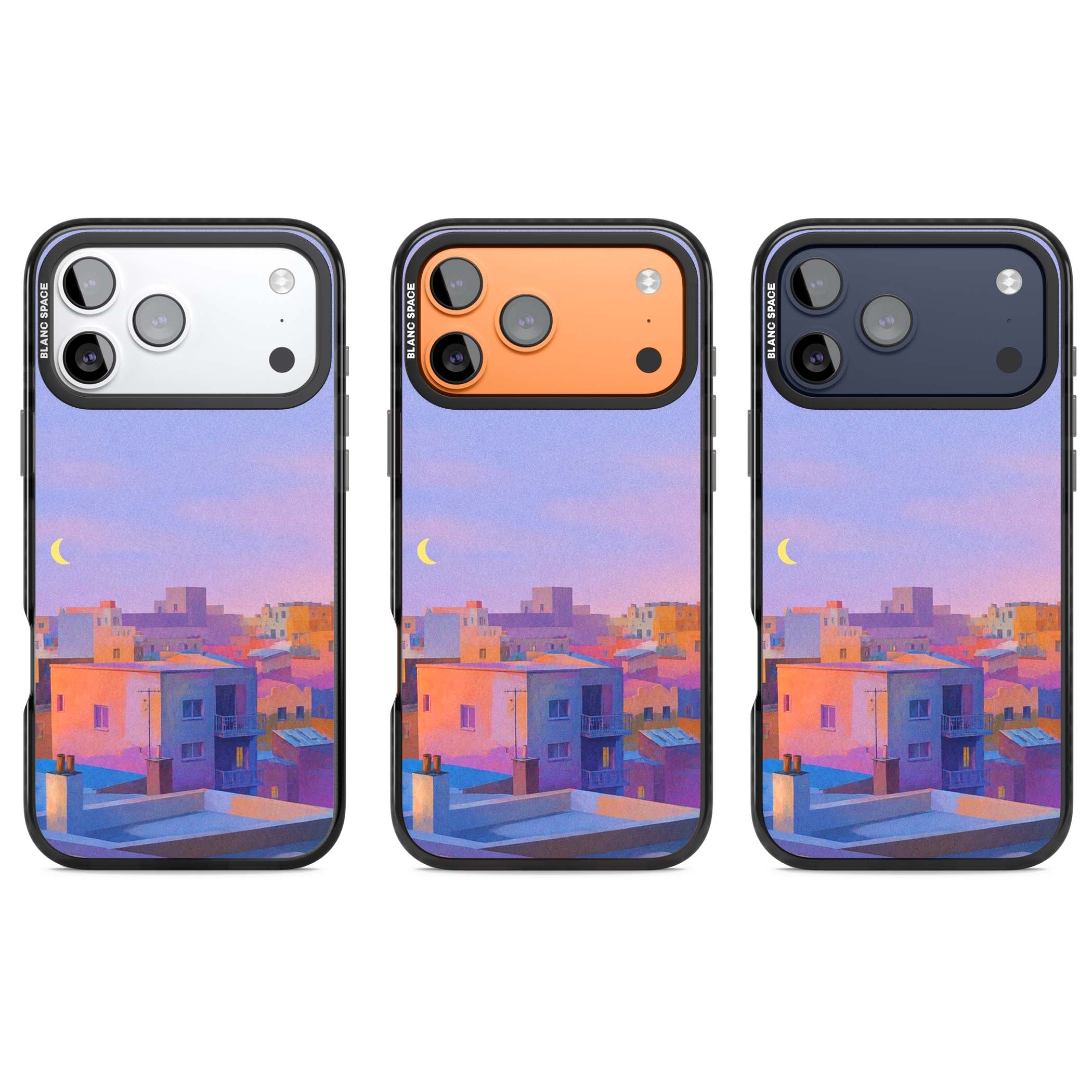 Twilight Rooftops vaporwave iPhone case featuring a pastel sunset cityscape, painted rooftops and a crescent moon. | Black Impact Magsafe case for iPhone 17 Pro, iPhone 17 Pro Max
