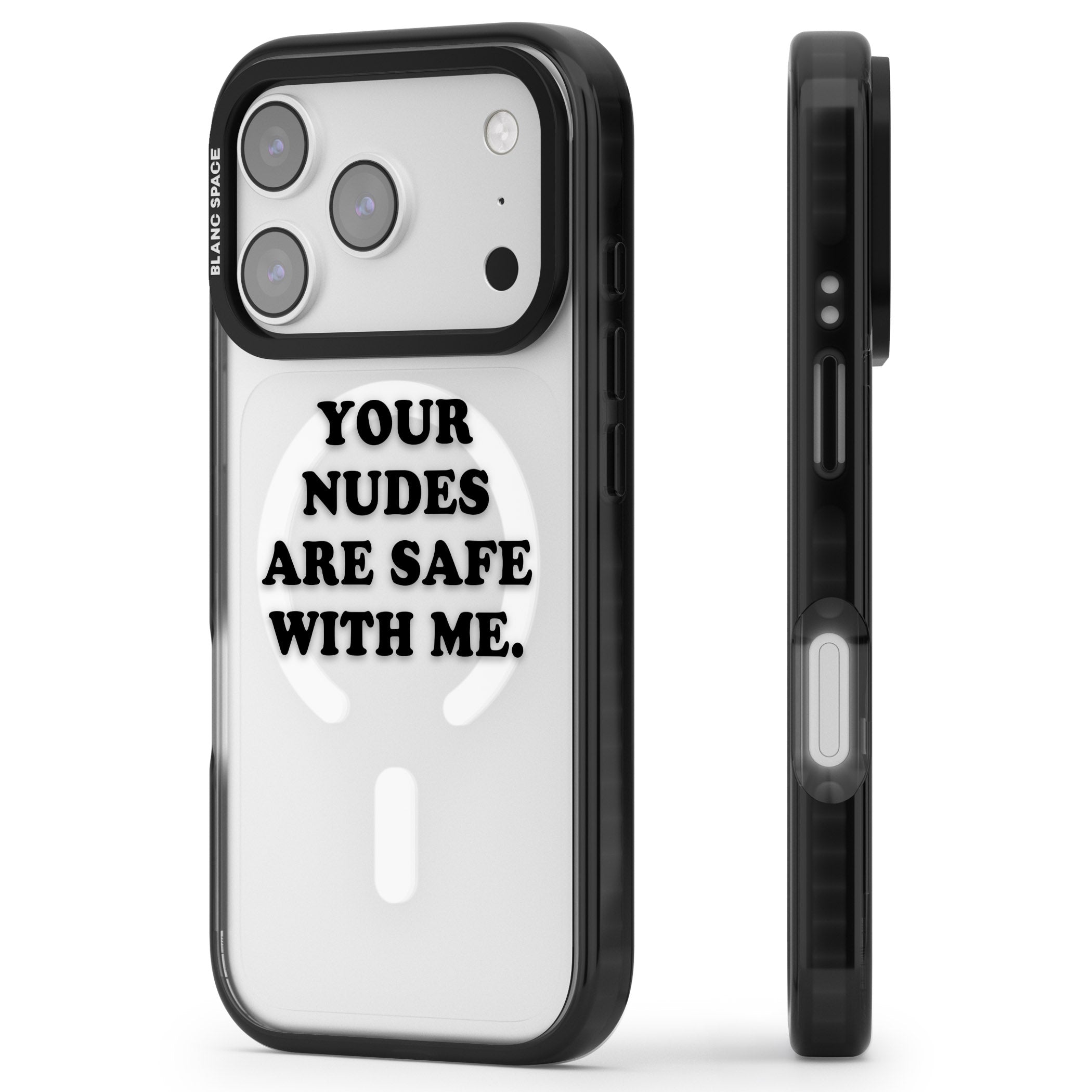 Your Nudes Are Safe Black iPhone 17 Pro Impact Pro Black Phone Case Side Profile