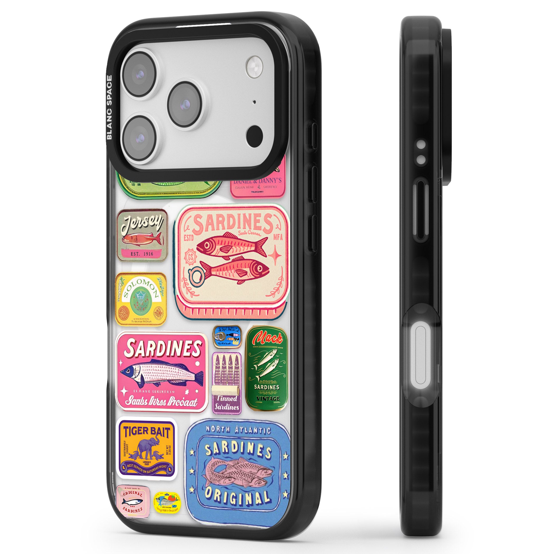 Vintage Sardine Tins iPhone 17 Pro Impact Pro Black Phone Case Side Profile