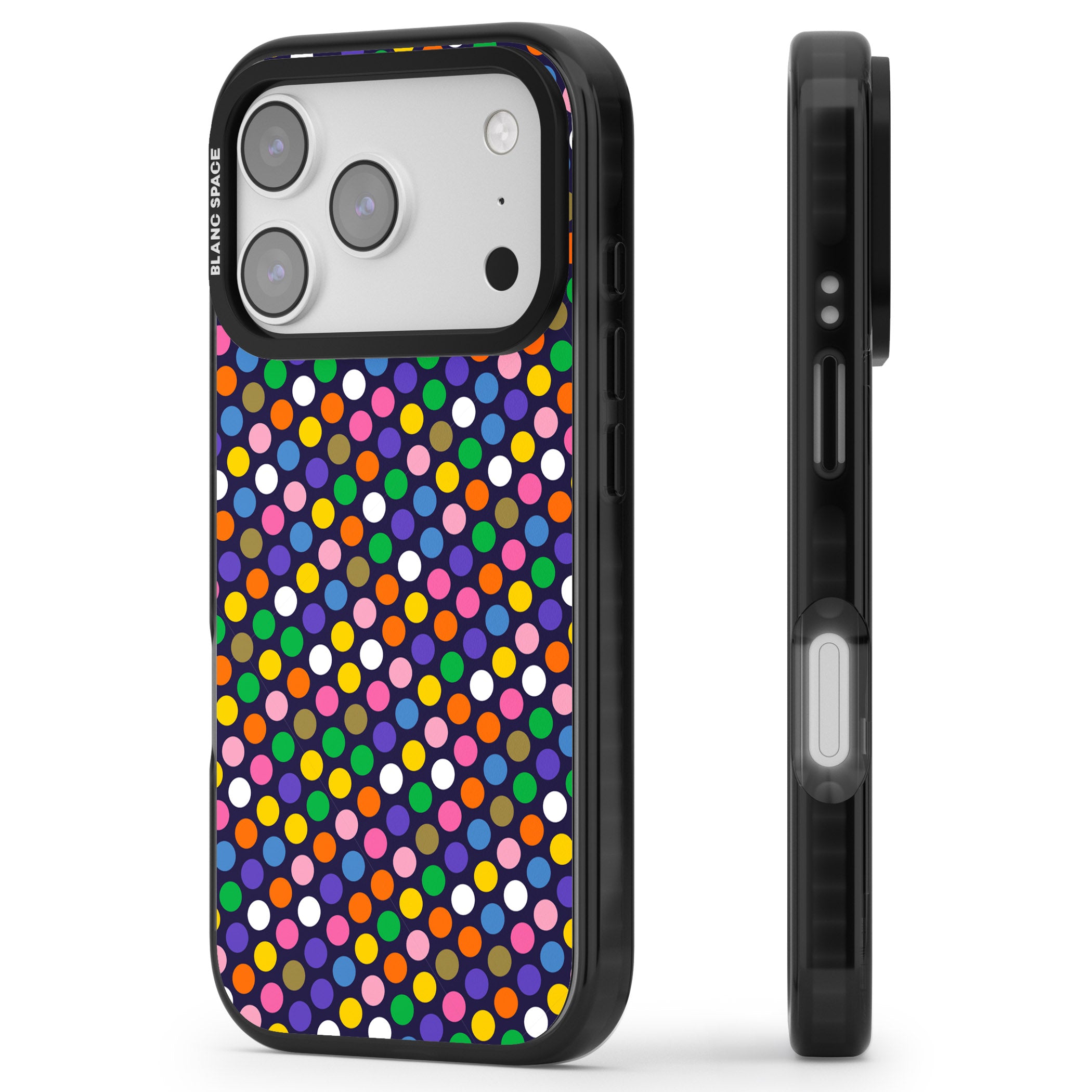 Multicolour Polka Dot Fiesta (Purple) iPhone 17 Pro Max Impact Pro Black Phone Case Side Profile
