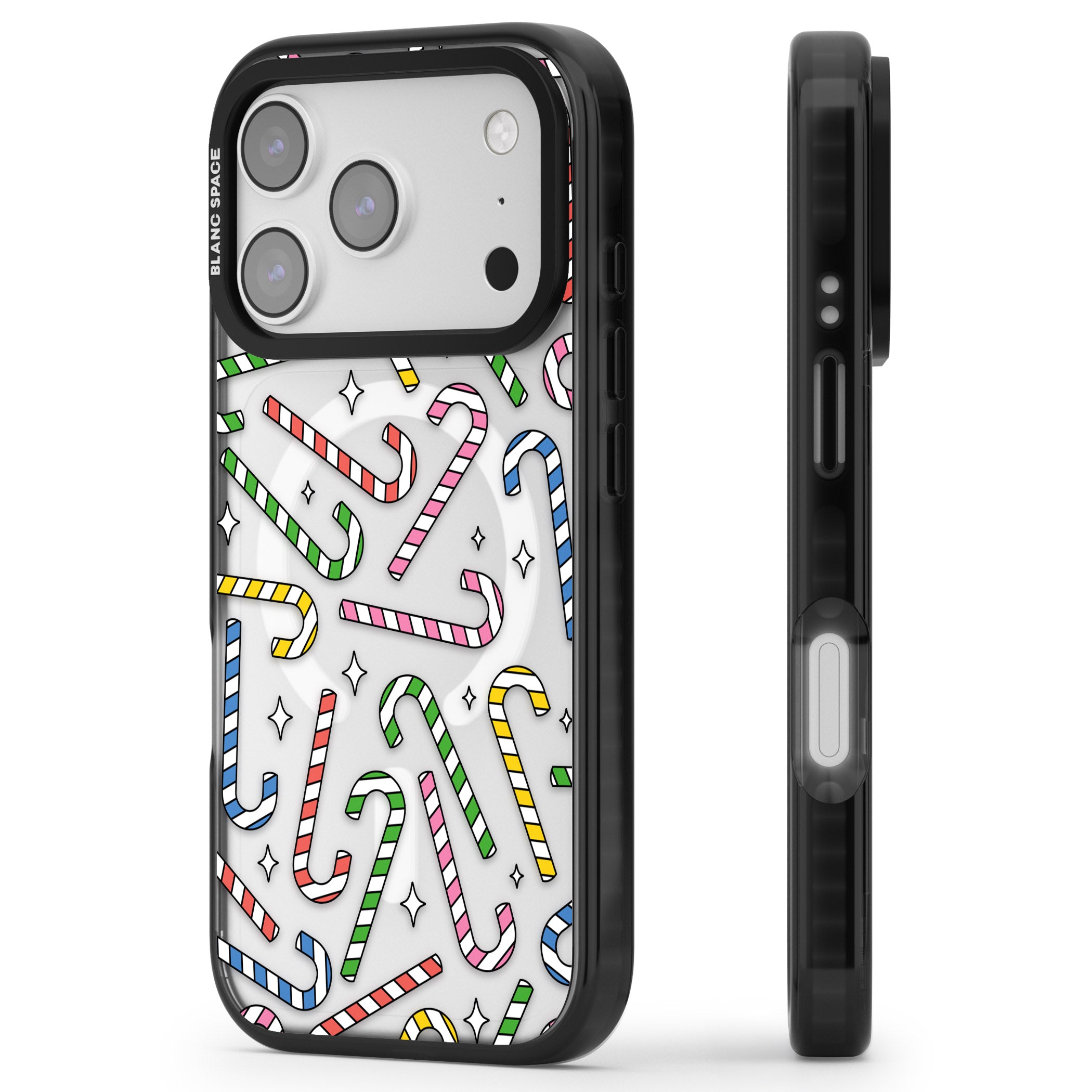 Colourful Stars & Candy Canes iPhone 17 Pro Impact Pro Black Phone Case Side Profile