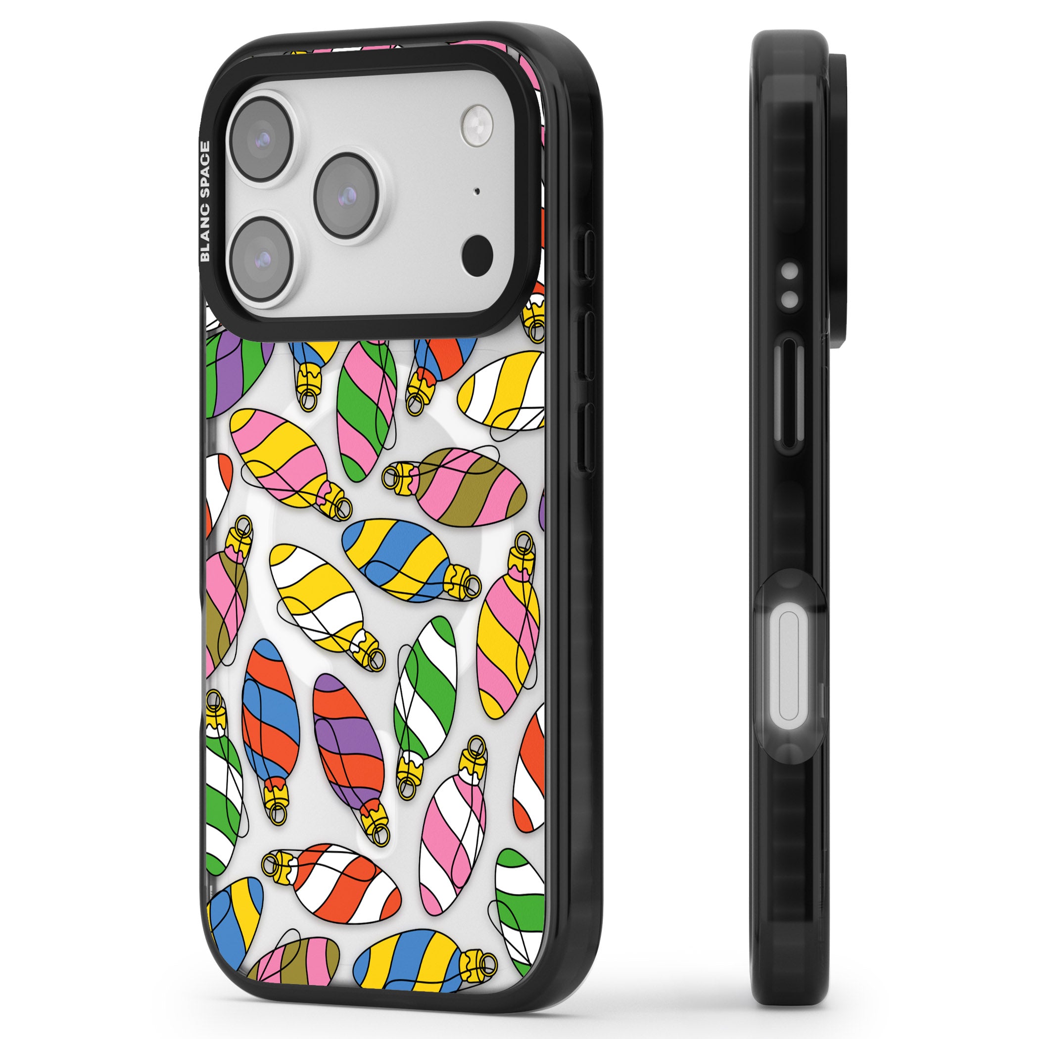 Colourful Holiday Ornaments iPhone 17 Pro Impact Pro Black Phone Case Side Profile