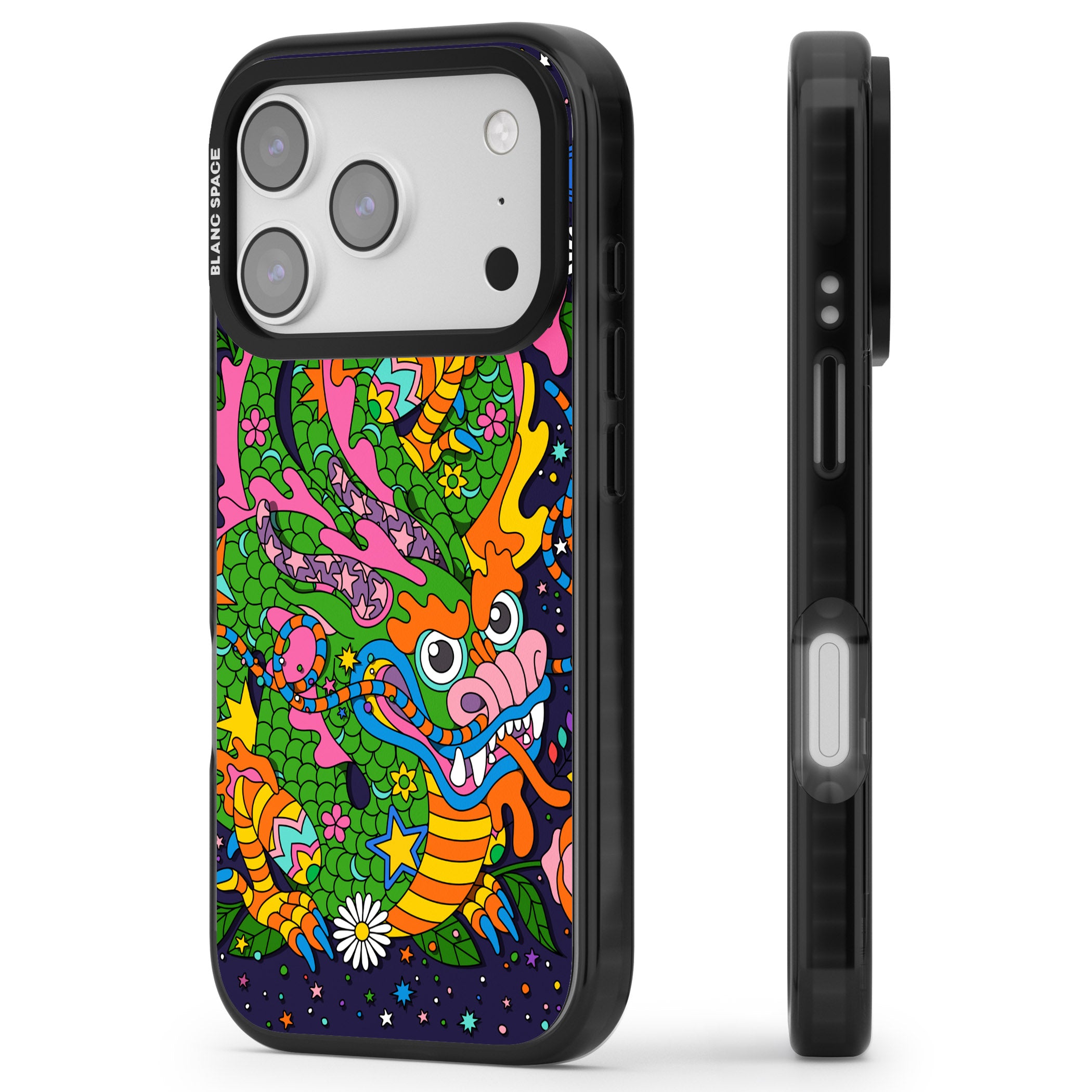 Psychedelic Jungle Dragon (Purple) iPhone 17 Pro Max Impact Pro Black Phone Case Side Profile