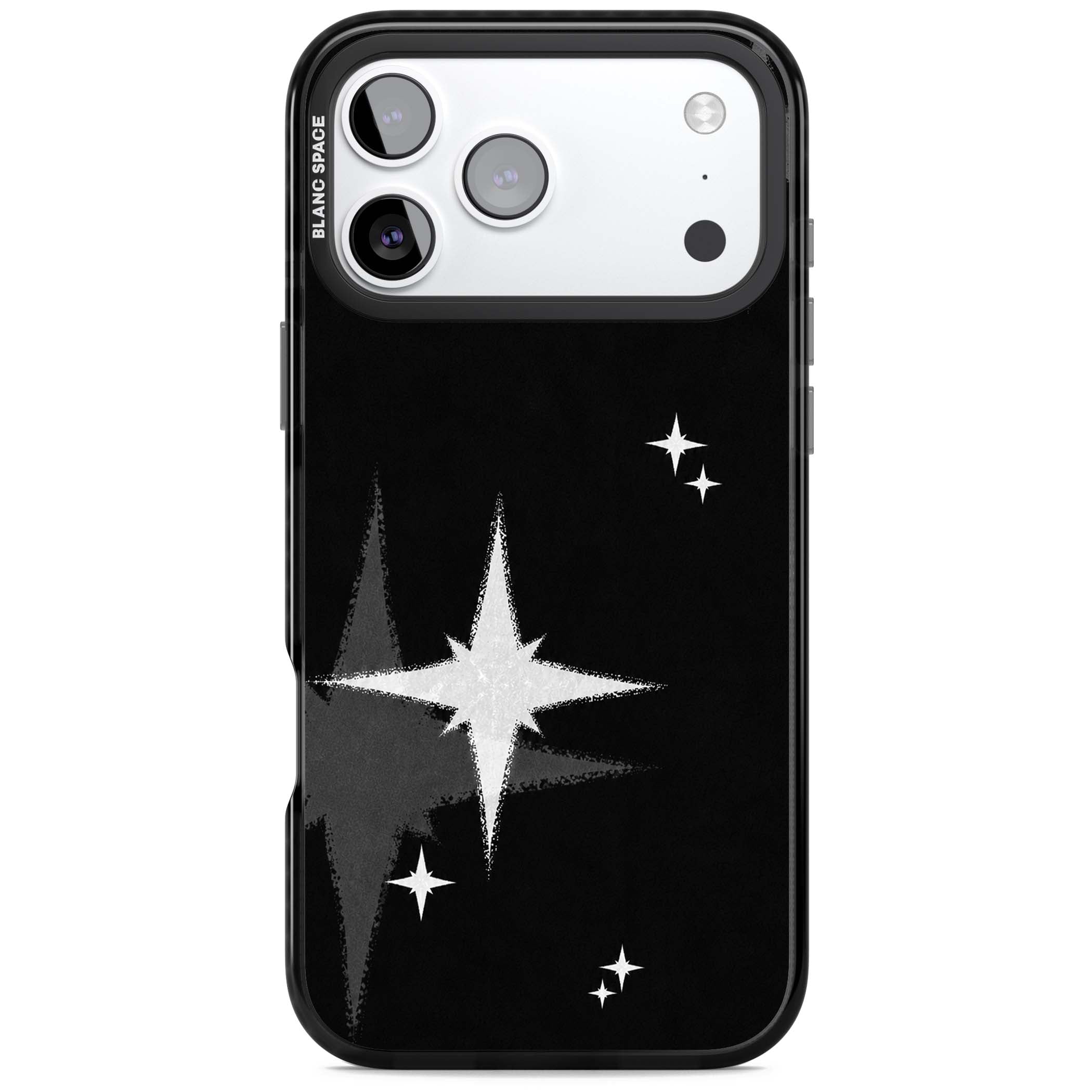 Black Sparkle celestial iPhone case featuring white sparkle stars on a black night sky background | Black Impact Magsafe case for iPhone 17 Pro, iPhone 17 Pro Max