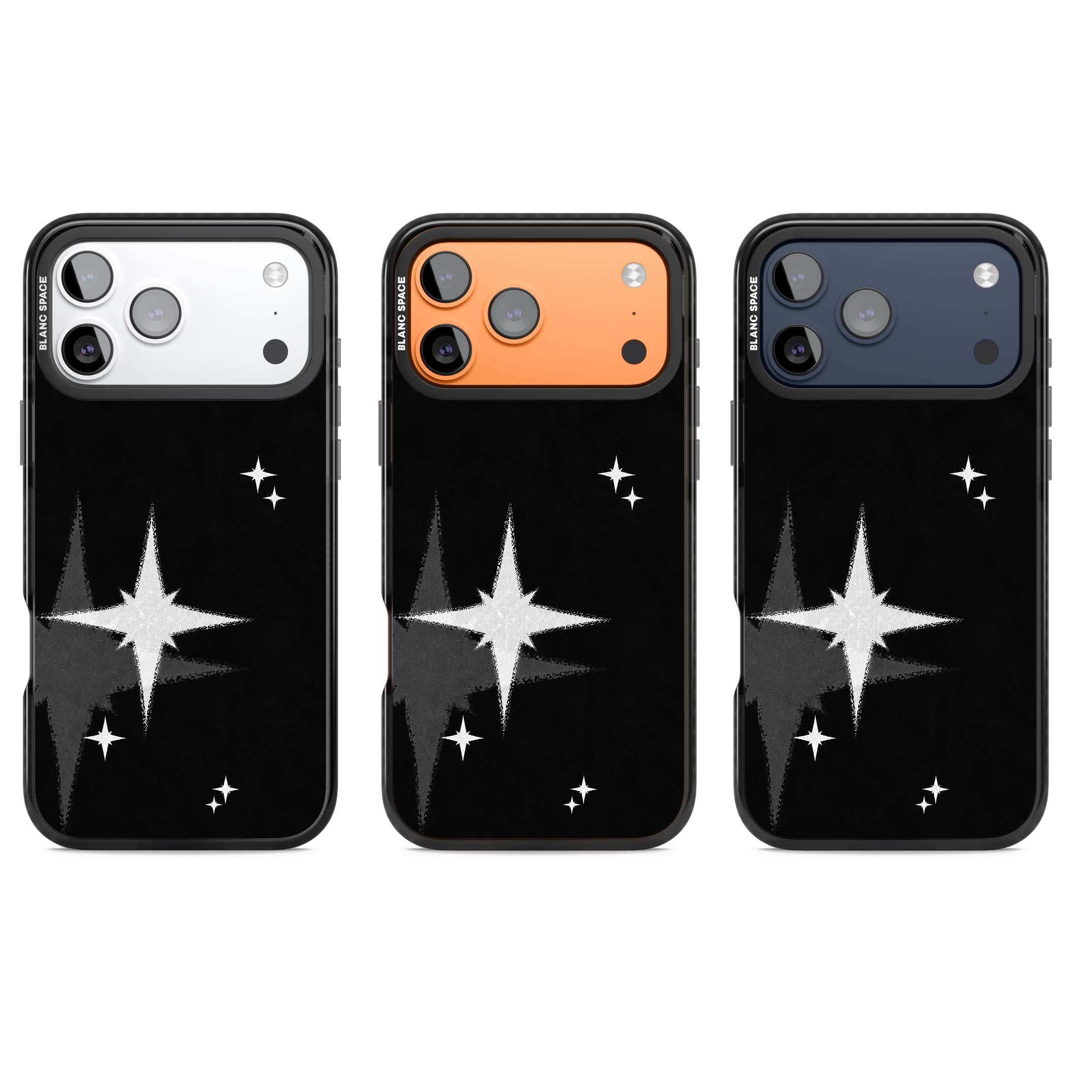 Black Sparkle celestial iPhone case featuring white sparkle stars on a black night sky background | Black Impact Magsafe case for iPhone 17 Pro, iPhone 17 Pro Max