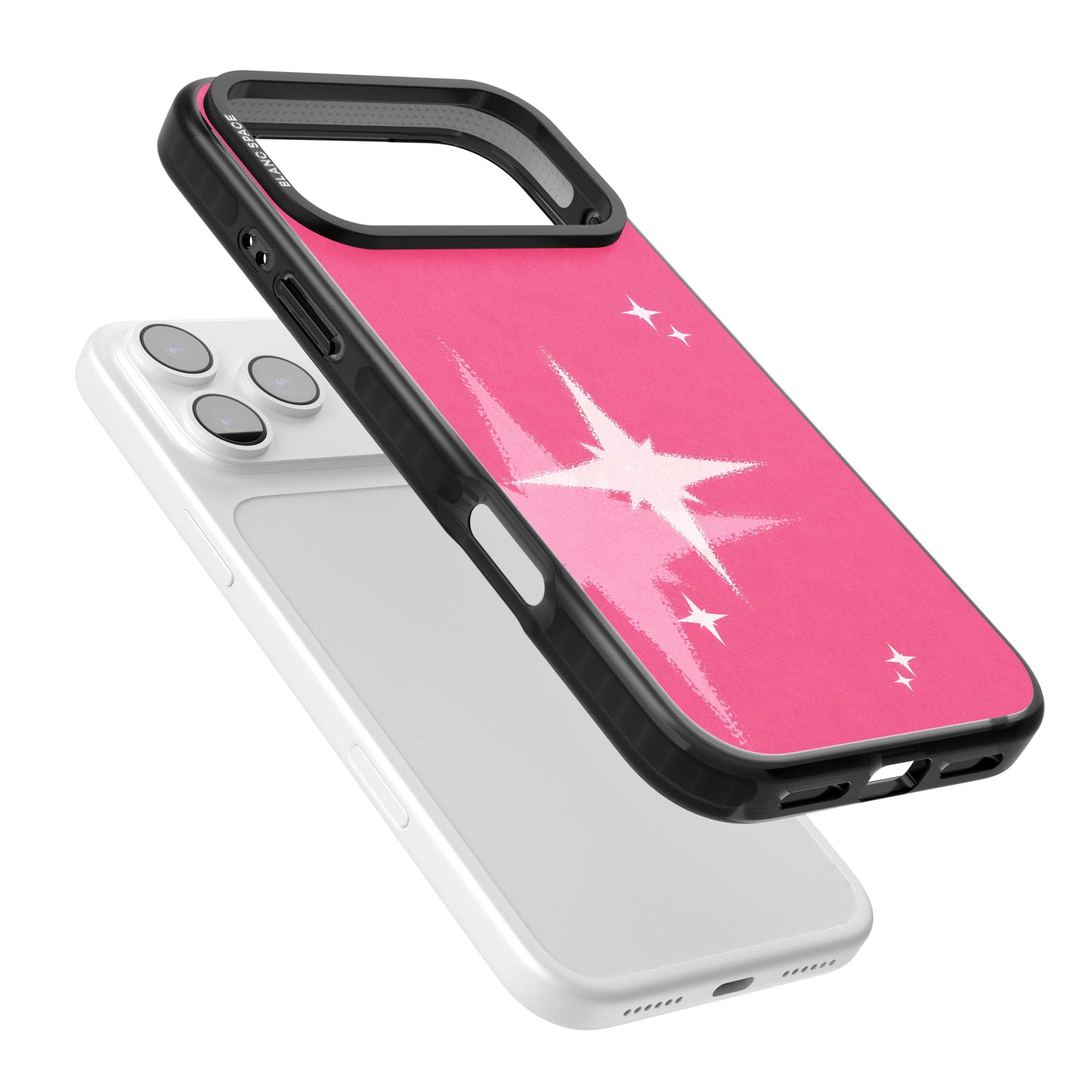 Pink Sparkle Y2K iPhone case featuring hot pink background with shimmering white starburst pattern | Black Impact Magsafe case for iPhone 17 Pro, iPhone 17 Pro Max
