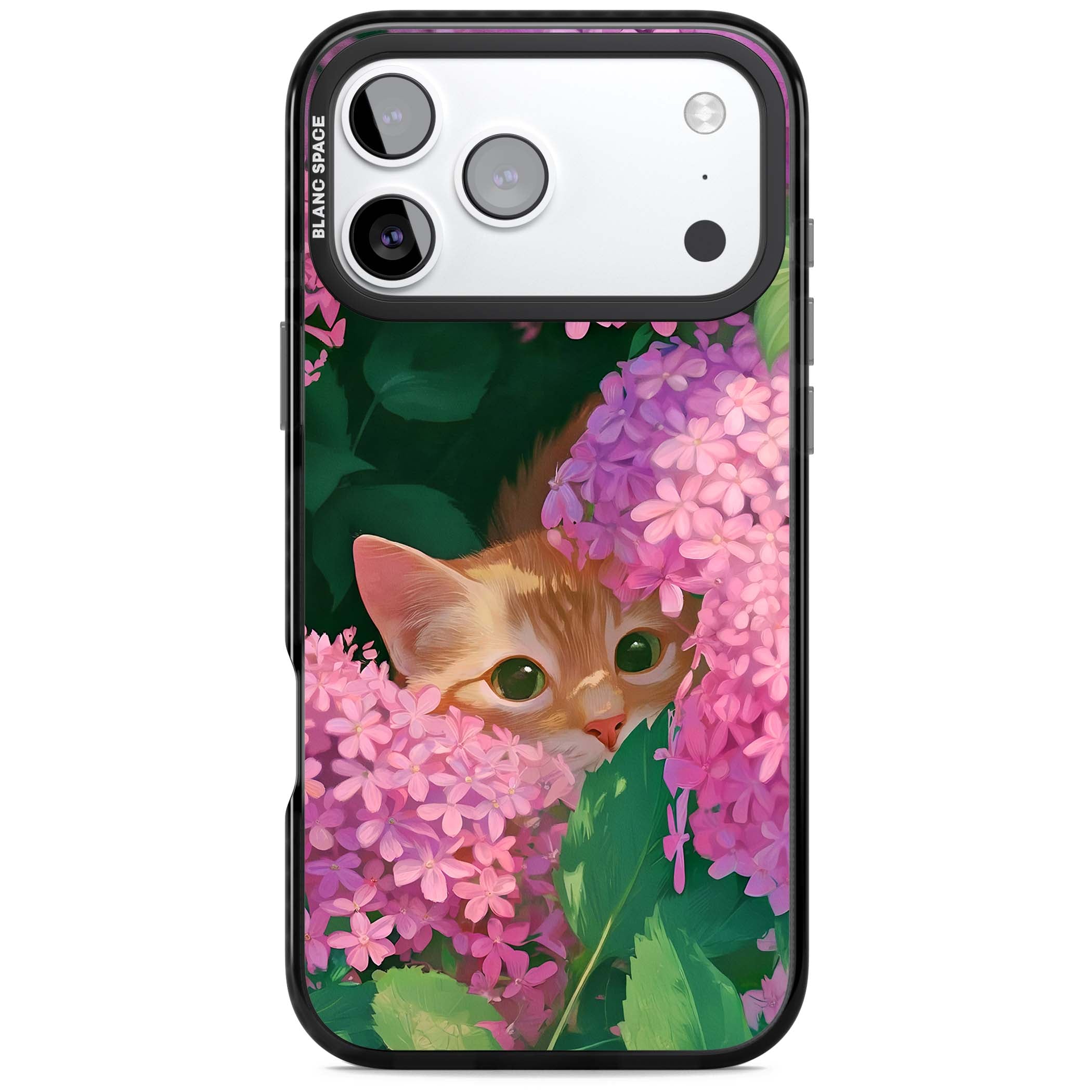 Cat In Pink Flowers cottagecore iPhone case featuring a ginger kitten peeking through lilac and pink hydrangea flo | Black Impact Magsafe case for iPhone 17 Pro, iPhone 17 Pro Max