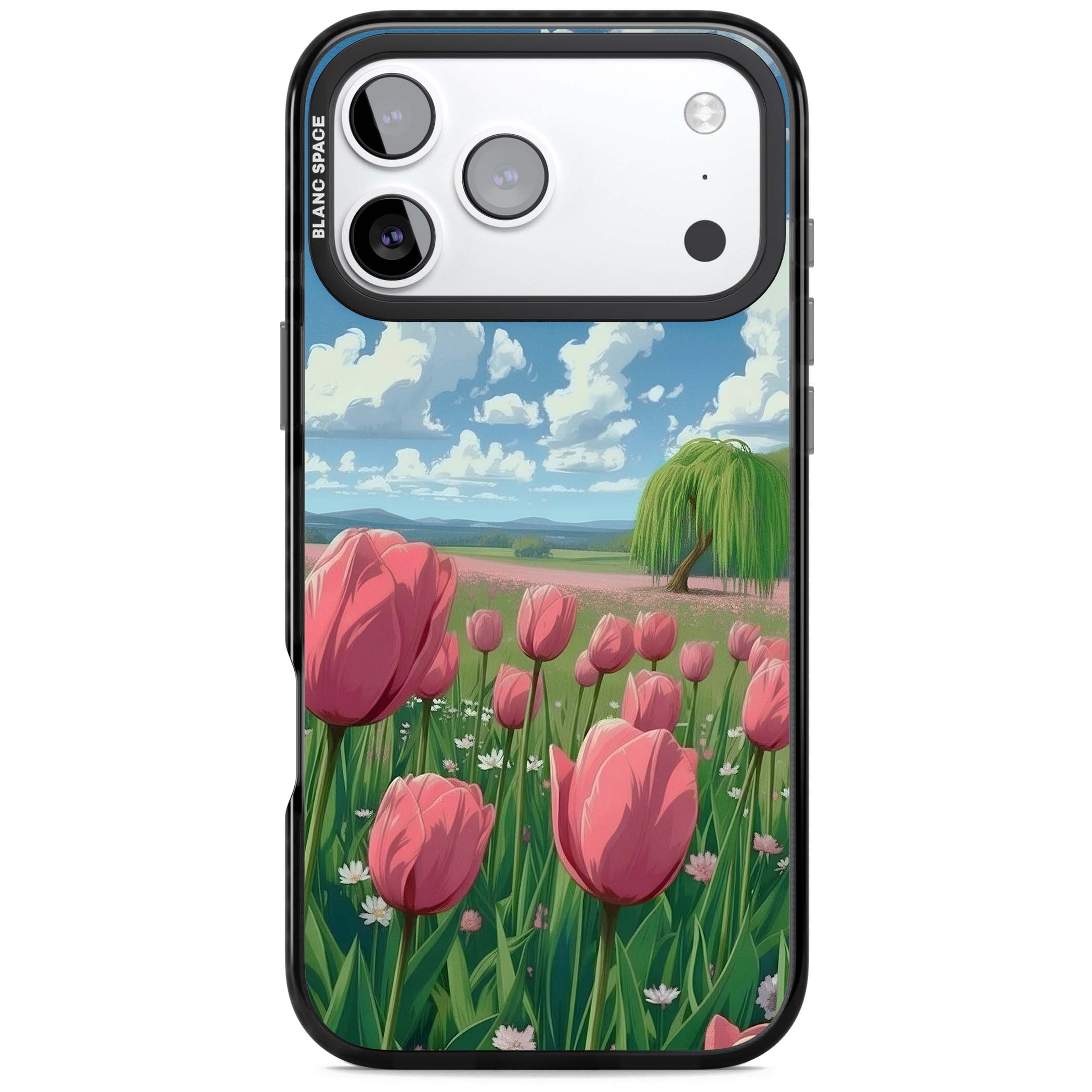 Willow By The Pink Tulips floral iPhone case | Black Impact Magsafe case for iPhone 17 Pro, iPhone 17 Pro Max