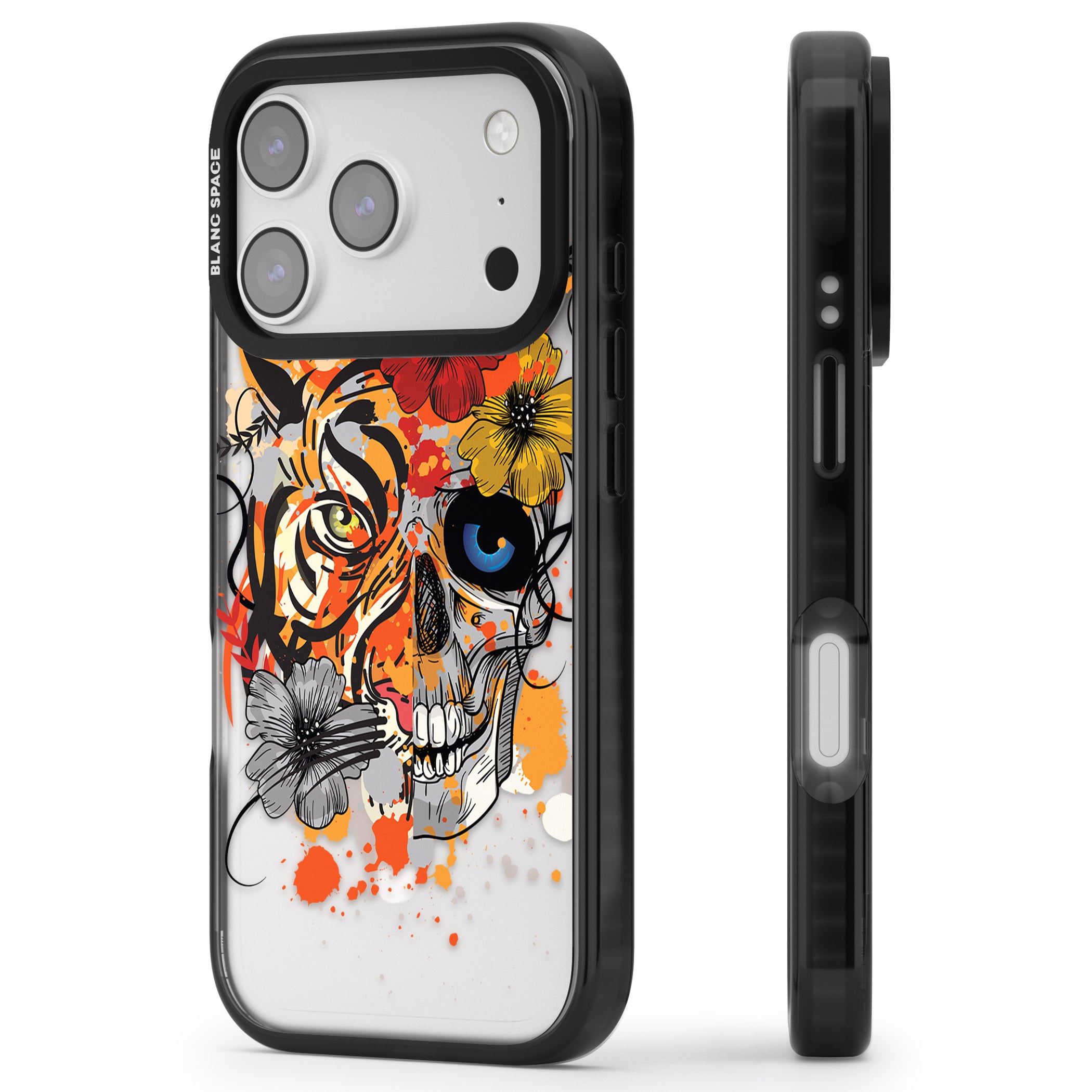 Sugar Skull Tiger Floral iPhone 17 Pro Impact Pro Black Phone Case Side Profile