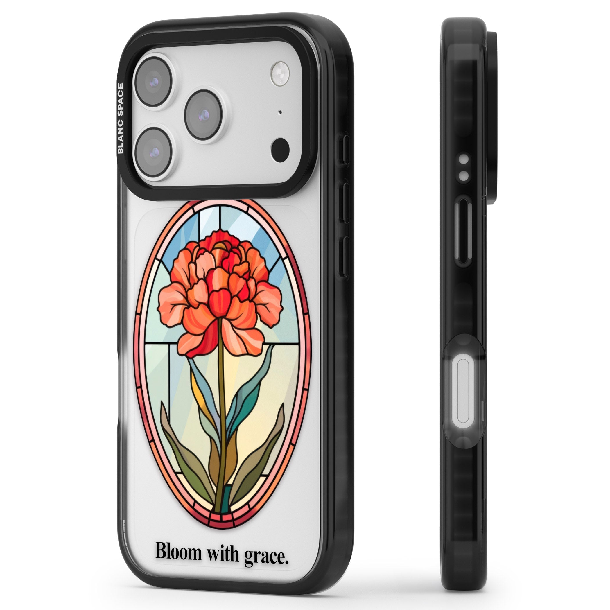 Bloom With Grace iPhone 17 Pro Impact Pro Black Phone Case Side Profile