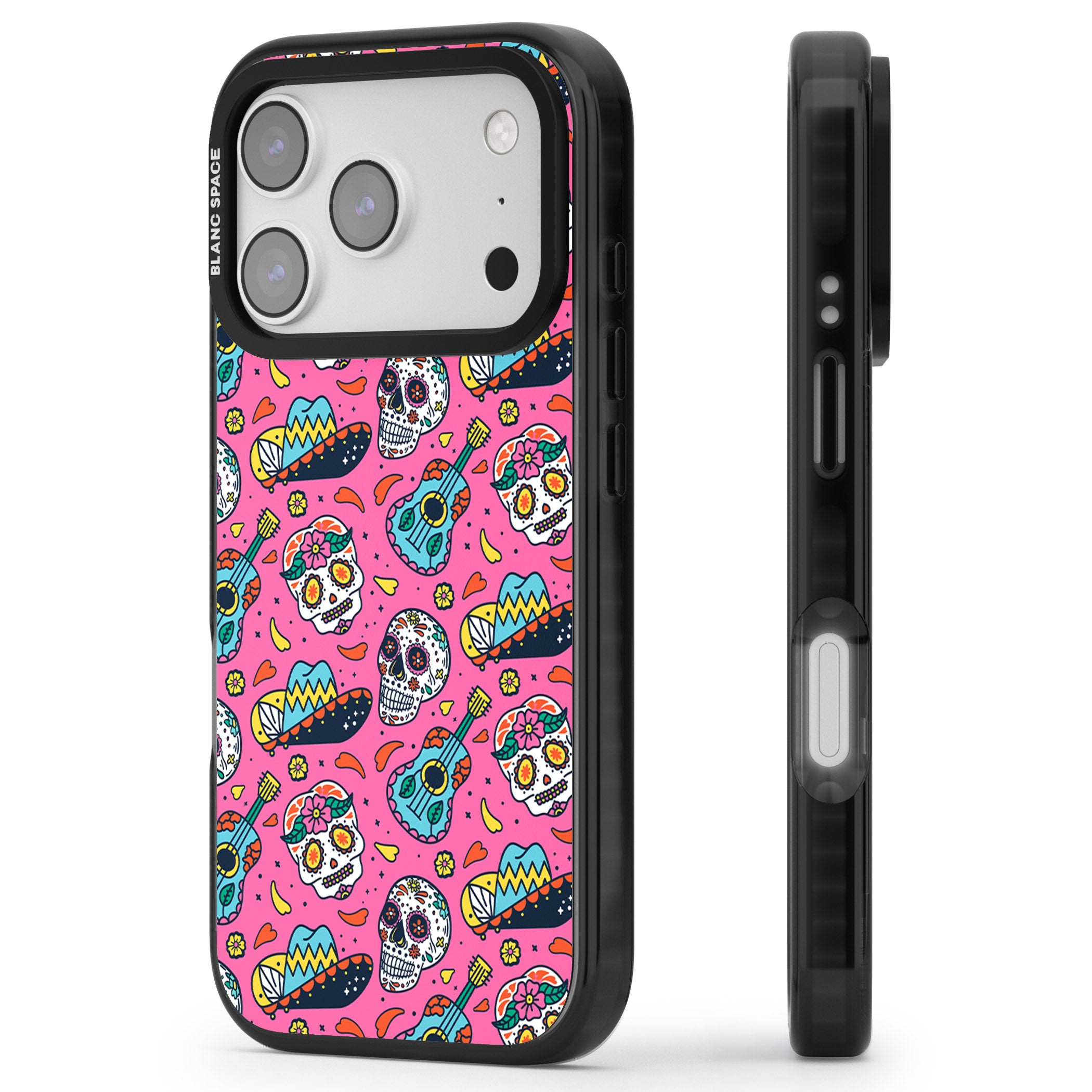 Pink Day Of The Dead Pattern iPhone 17 Pro Impact Pro Black Phone Case Side Profile