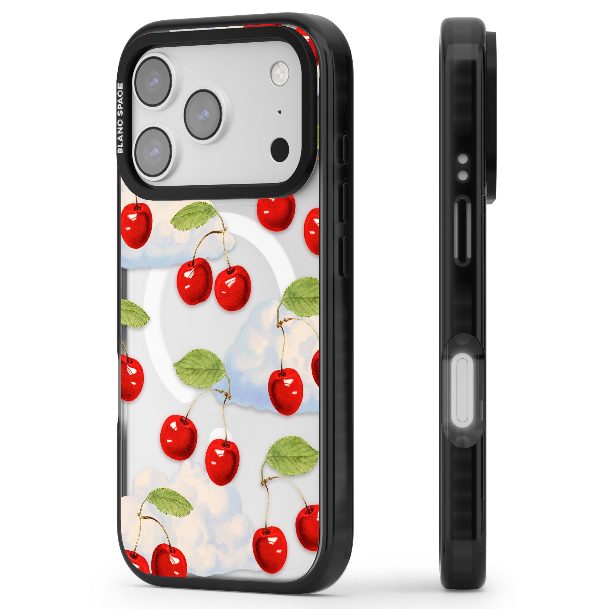 Vintage Cherries & Clouds iPhone 17 Pro Impact Pro Black Phone Case Side Profile