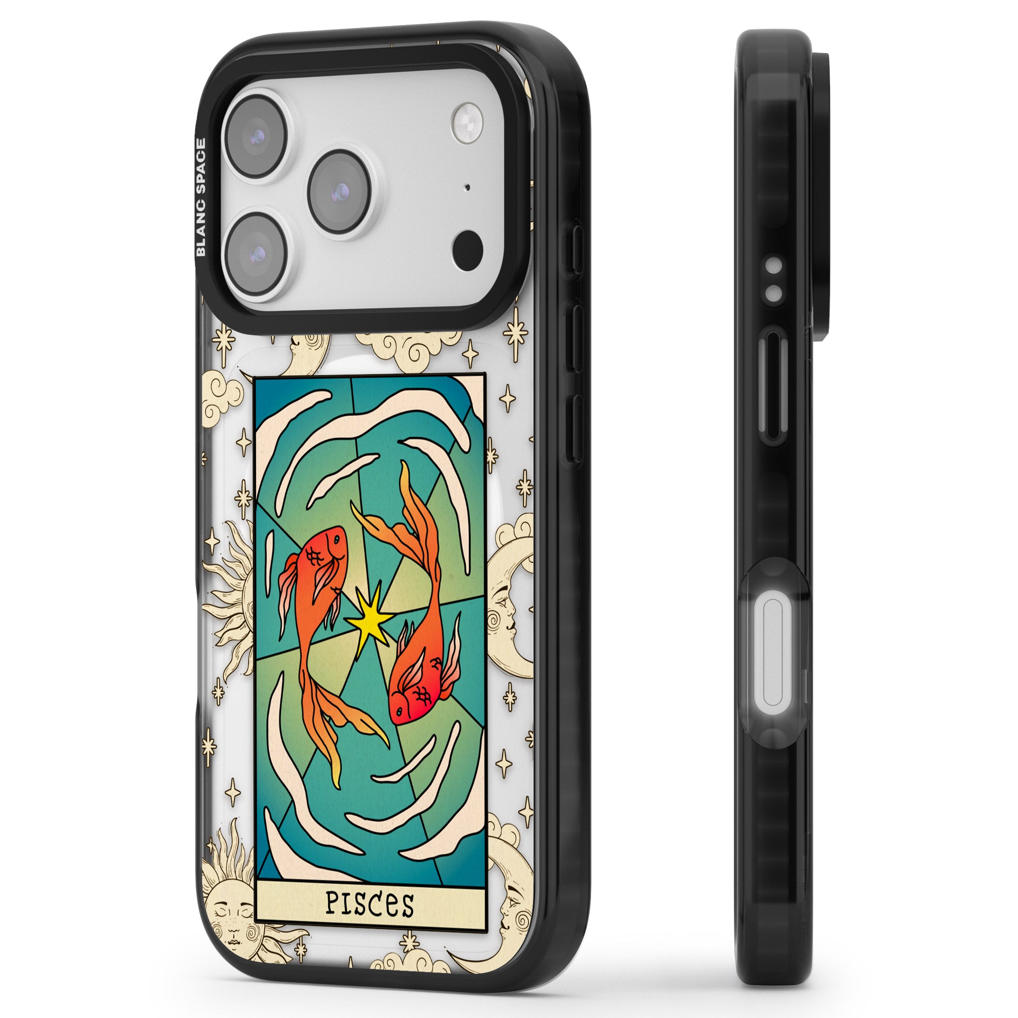 Celestial Zodiac Pisces iPhone 17 Pro Impact Pro Black Phone Case Side Profile