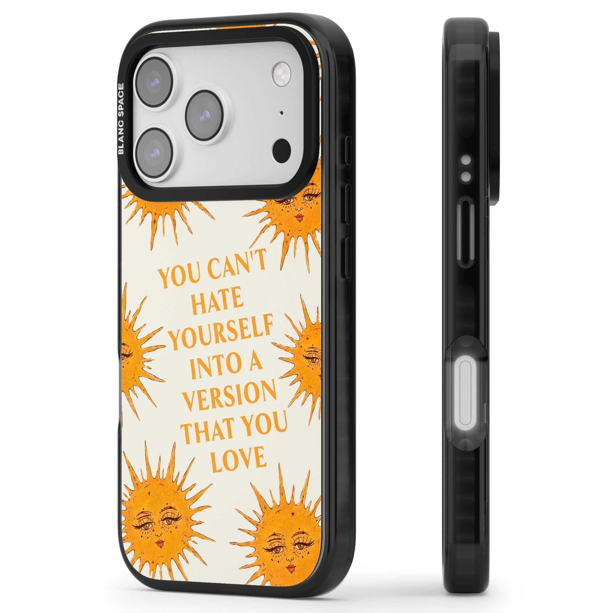 Don't Hate Yourself celestial iPhone case featuring vintage sun faces, ochre rays and a self-love quote | Black Impact Magsafe case for iPhone 17 Pro, iPhone 17 Pro Max