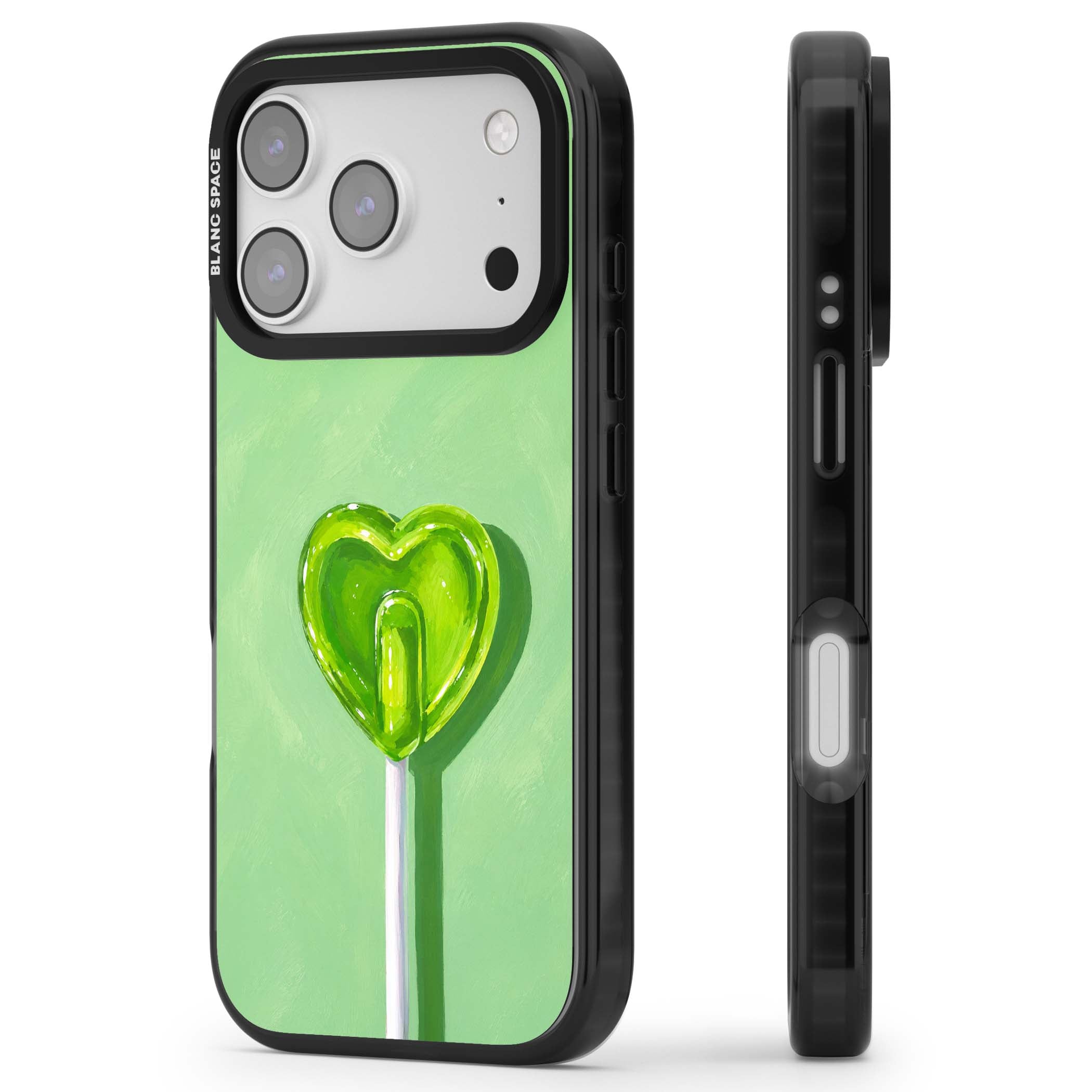 Green Lollipop candy art iPhone case featuring a glossy green heart-shaped lollipop on a painted pastel green background | Black Impact Magsafe case for iPhone 17 Pro, iPhone 17 Pro Max