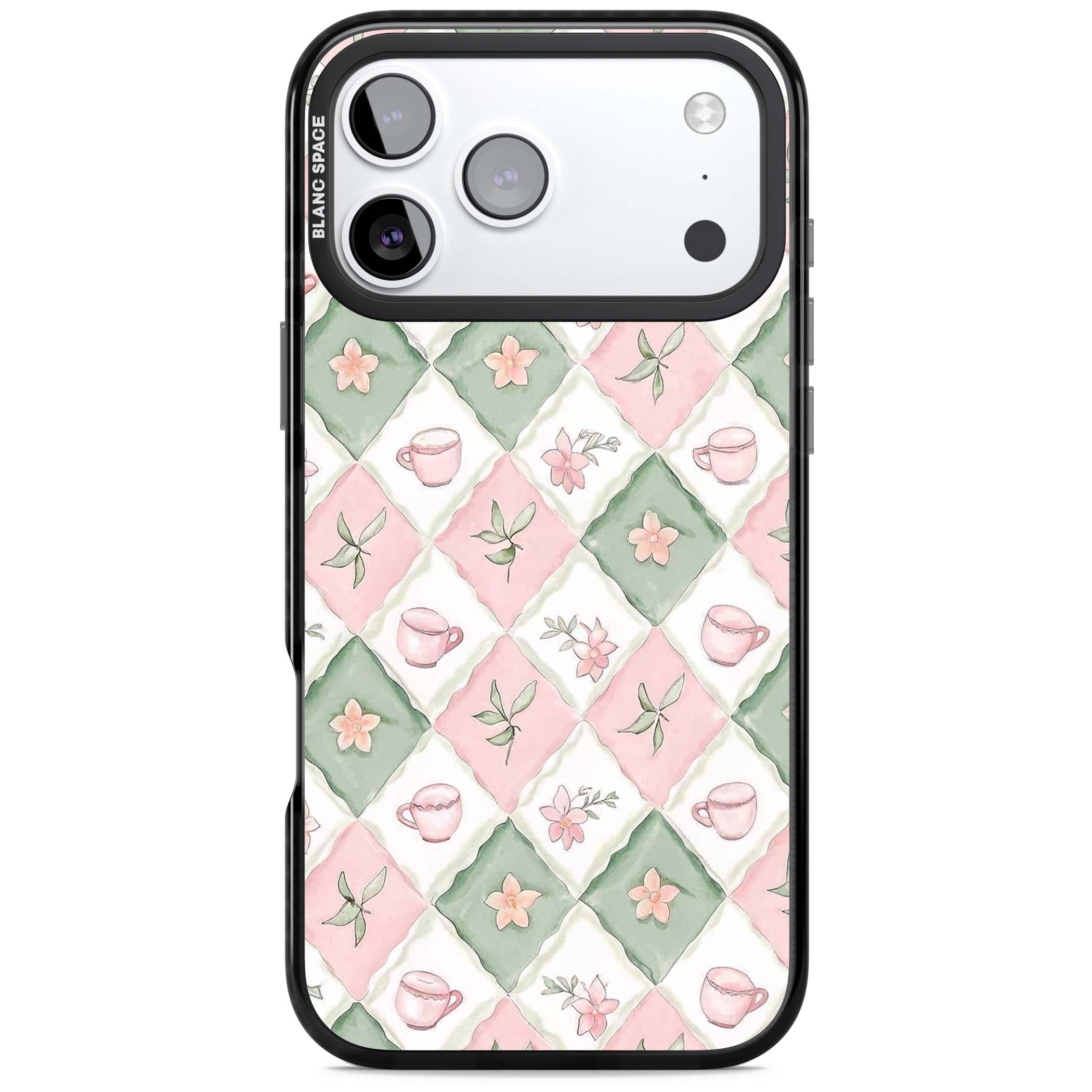 Garden Tea Party coquette iPhone case with pink and green checkered pattern, watercolour teacups and wildflowers | Black Impact Magsafe case for iPhone 17 Pro, iPhone 17 Pro Max