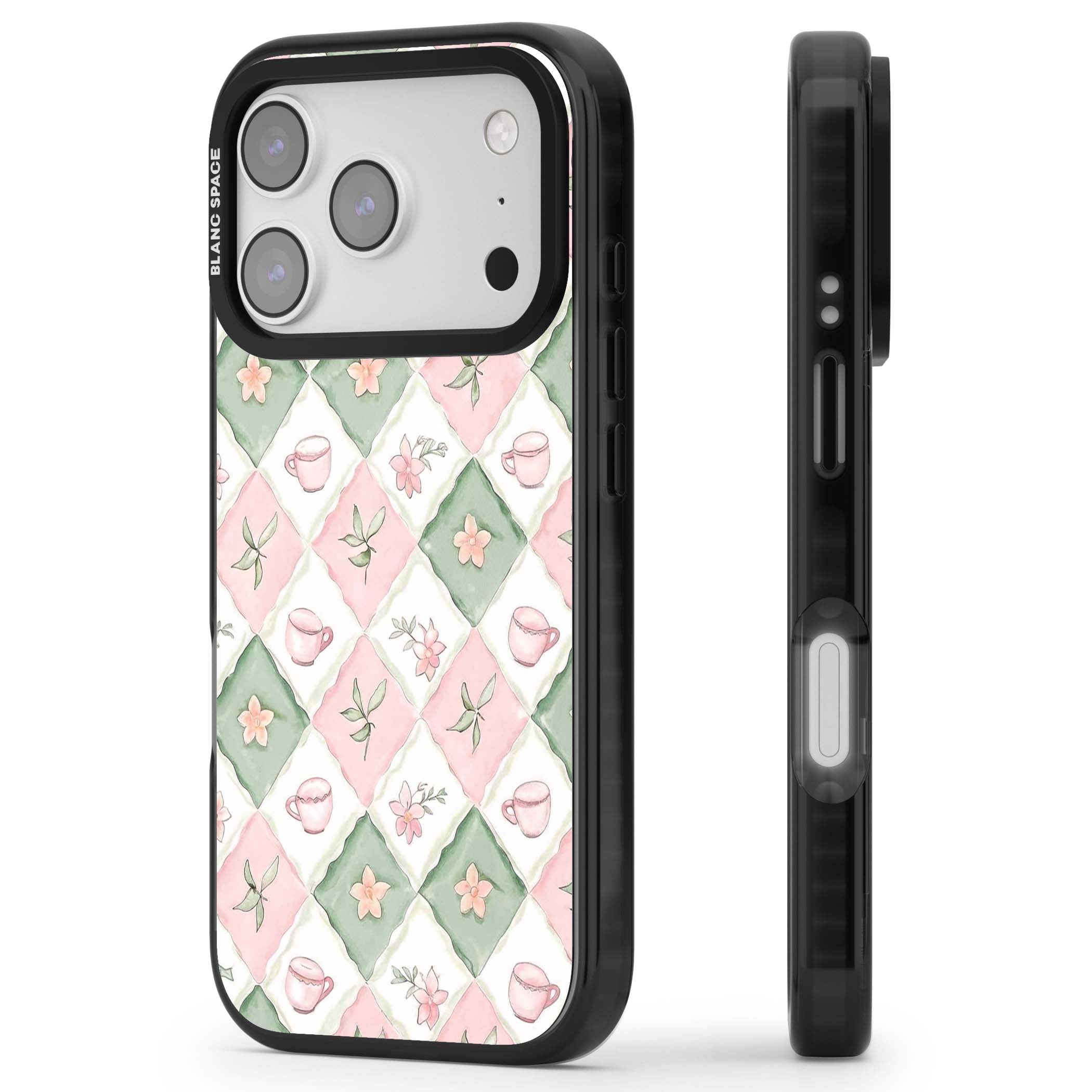 Garden Tea Party coquette iPhone case with pink and green checkered pattern, watercolour teacups and wildflowers | Black Impact Magsafe case for iPhone 17 Pro, iPhone 17 Pro Max