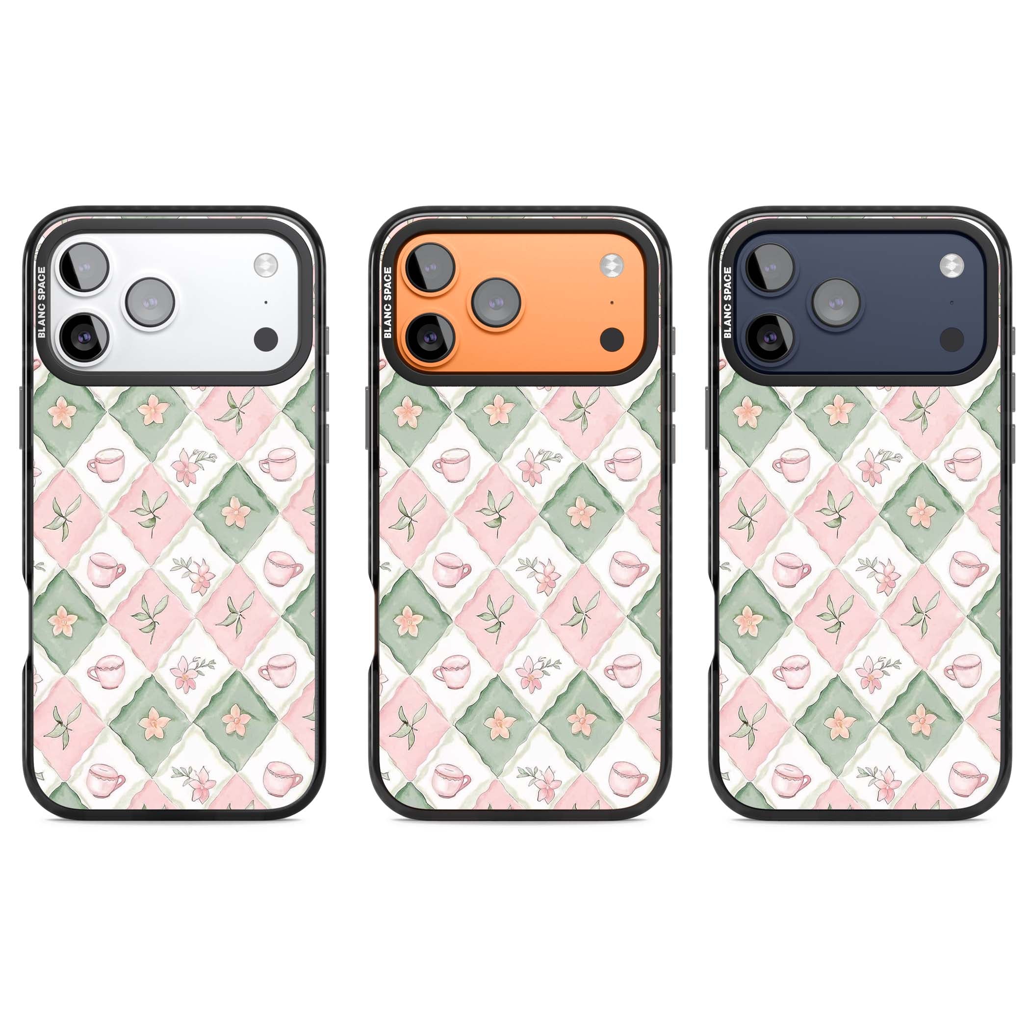 Garden Tea Party coquette iPhone case with pink and green checkered pattern, watercolour teacups and wildflowers | Black Impact Magsafe case for iPhone 17 Pro, iPhone 17 Pro Max