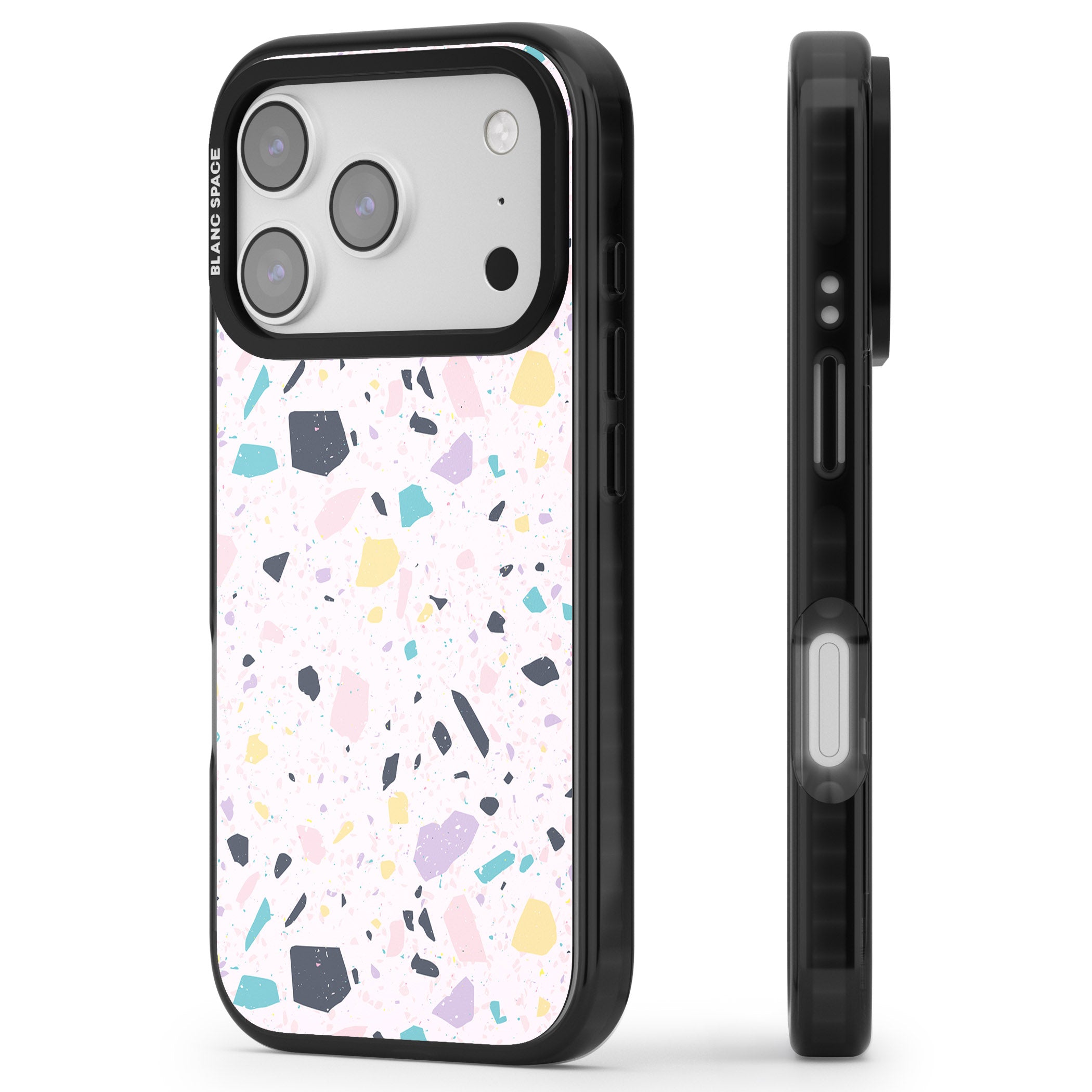 Pink, Purple & Turquoise Terrazzo Pattern iPhone 17 Pro Impact Pro Black Phone Case Side Profile