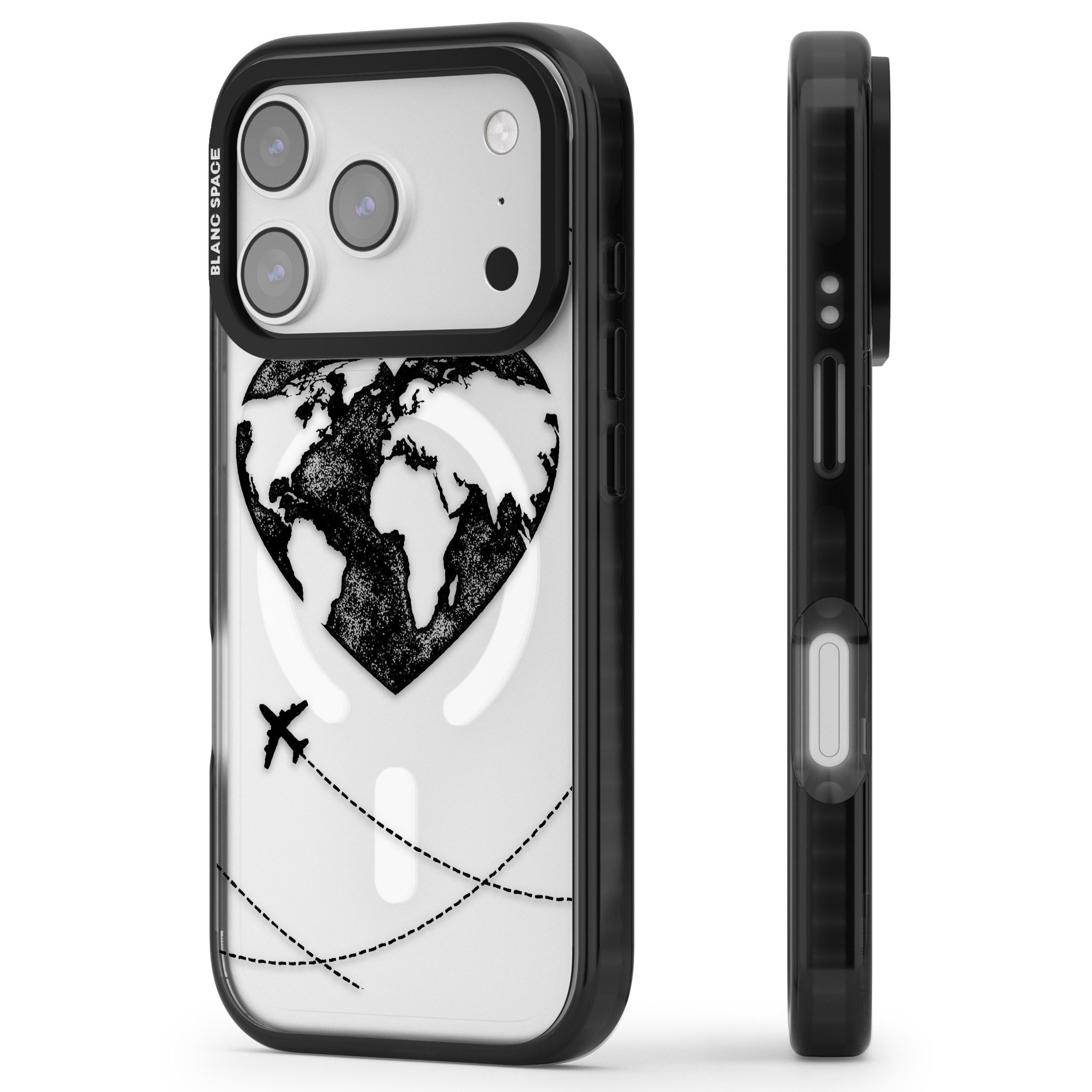 Globe Heart iPhone 17 Pro Impact Pro Black Phone Case Side Profile