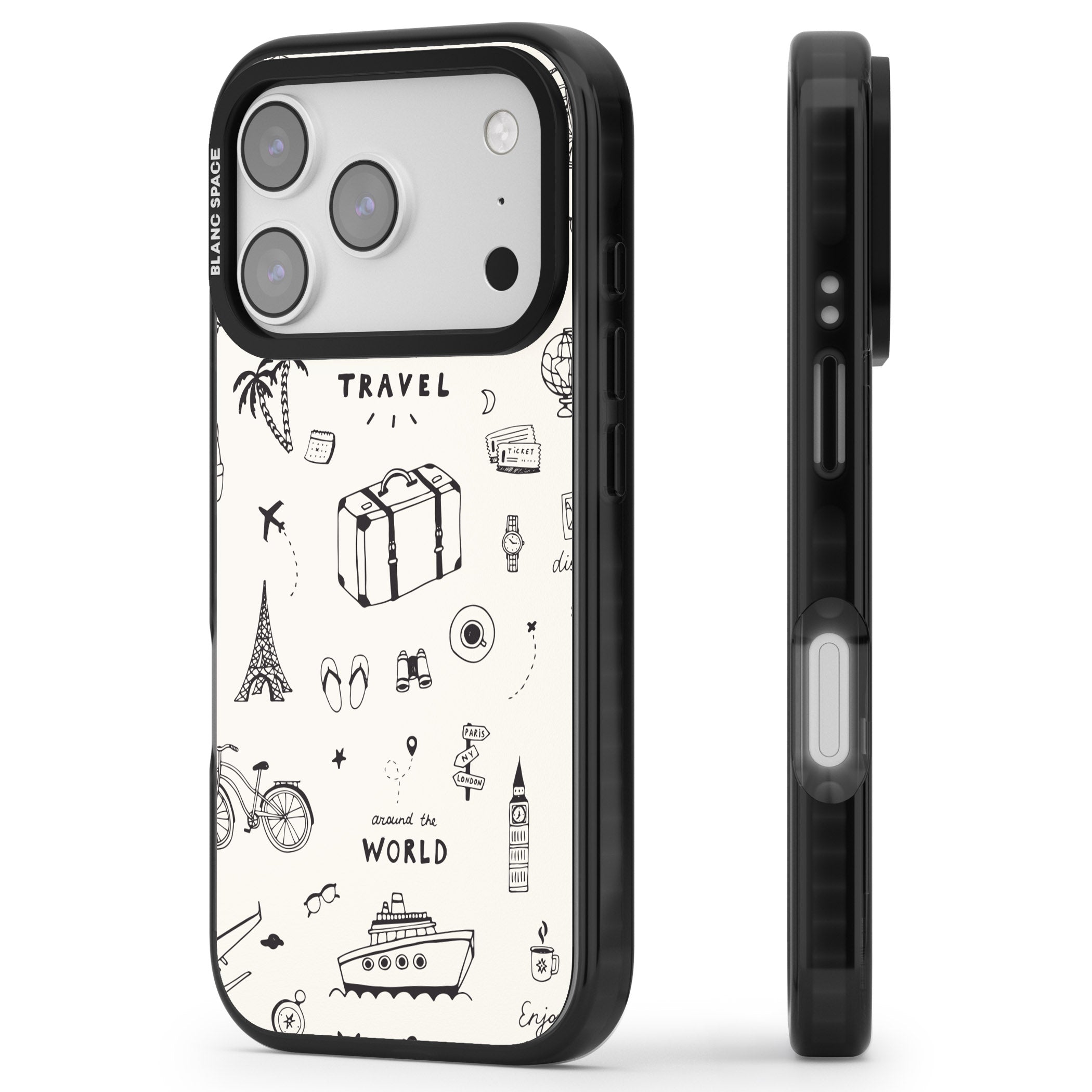 Cute Travel Pattern, White On iPhone 17 Pro Impact Pro Black Phone Case Side Profile