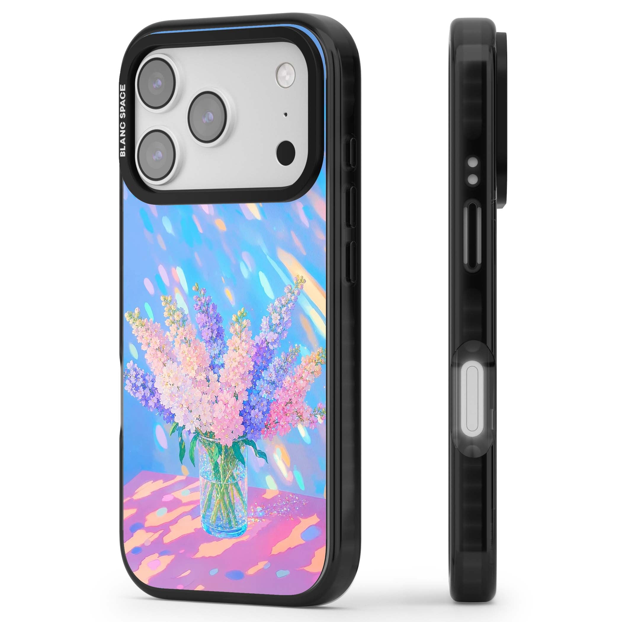 Bubblegum Flowers floral iPhone case featuring pastel lilac and pink bouquet in a glass vase with iridescent light | Black Impact Magsafe case for iPhone 17 Pro, iPhone 17 Pro Max