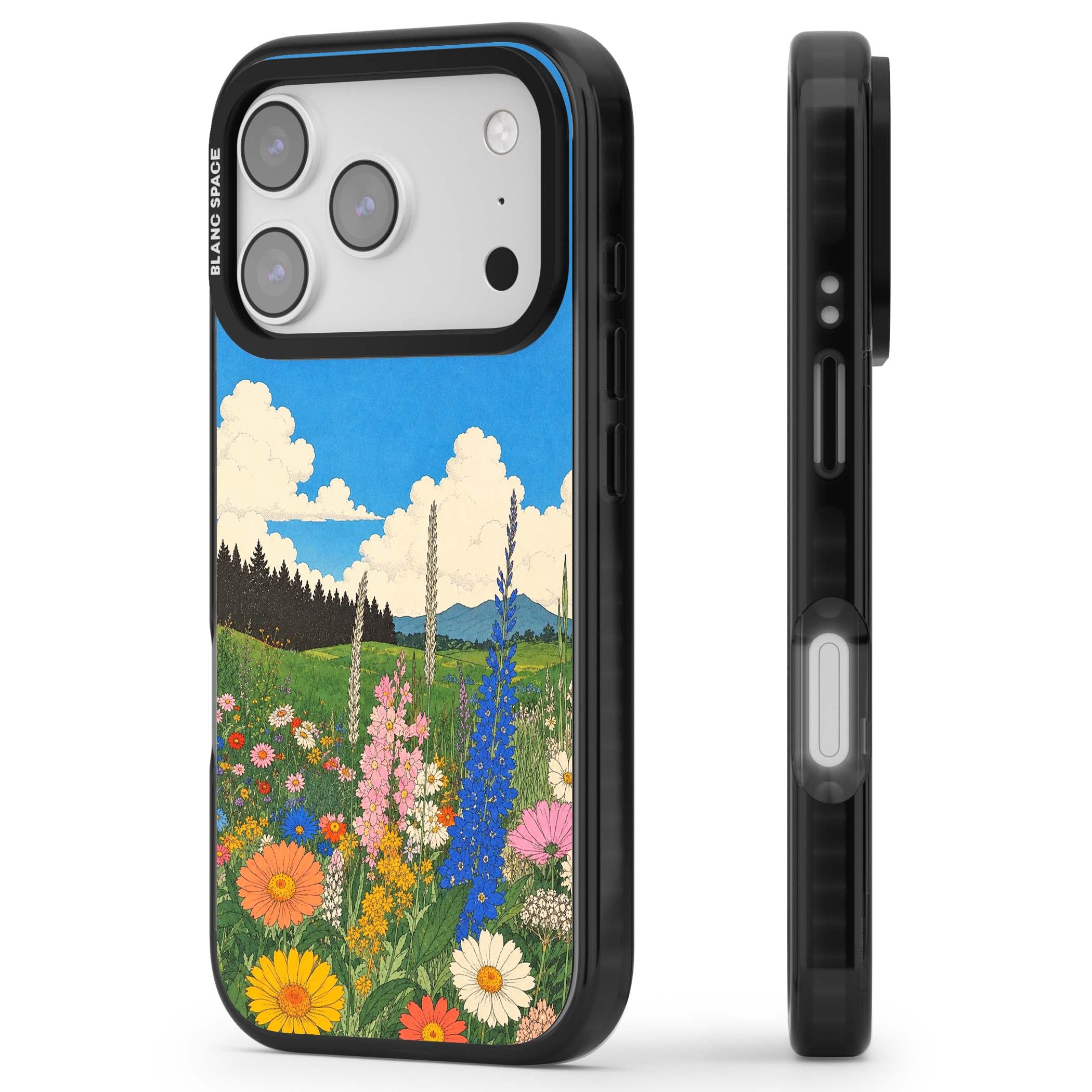 Wildbloom wildflower iPhone case featuring a vintage Japanese-style meadow landscape with daisies, delphiniums and moun | Black Impact Magsafe case for iPhone 17 Pro, iPhone 17 Pro Max