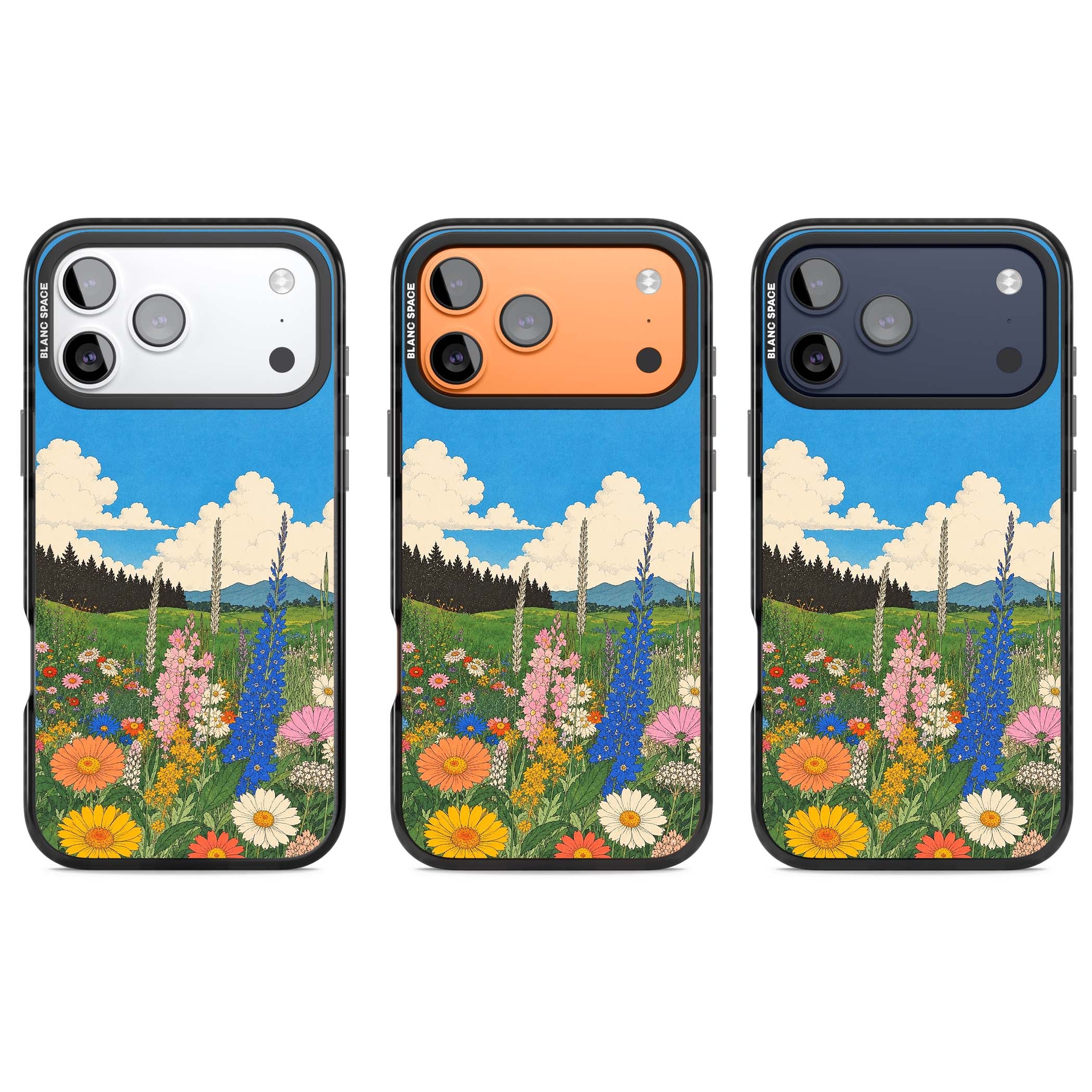 Wildbloom wildflower iPhone case featuring a vintage Japanese-style meadow landscape with daisies, delphiniums and moun | Black Impact Magsafe case for iPhone 17 Pro, iPhone 17 Pro Max