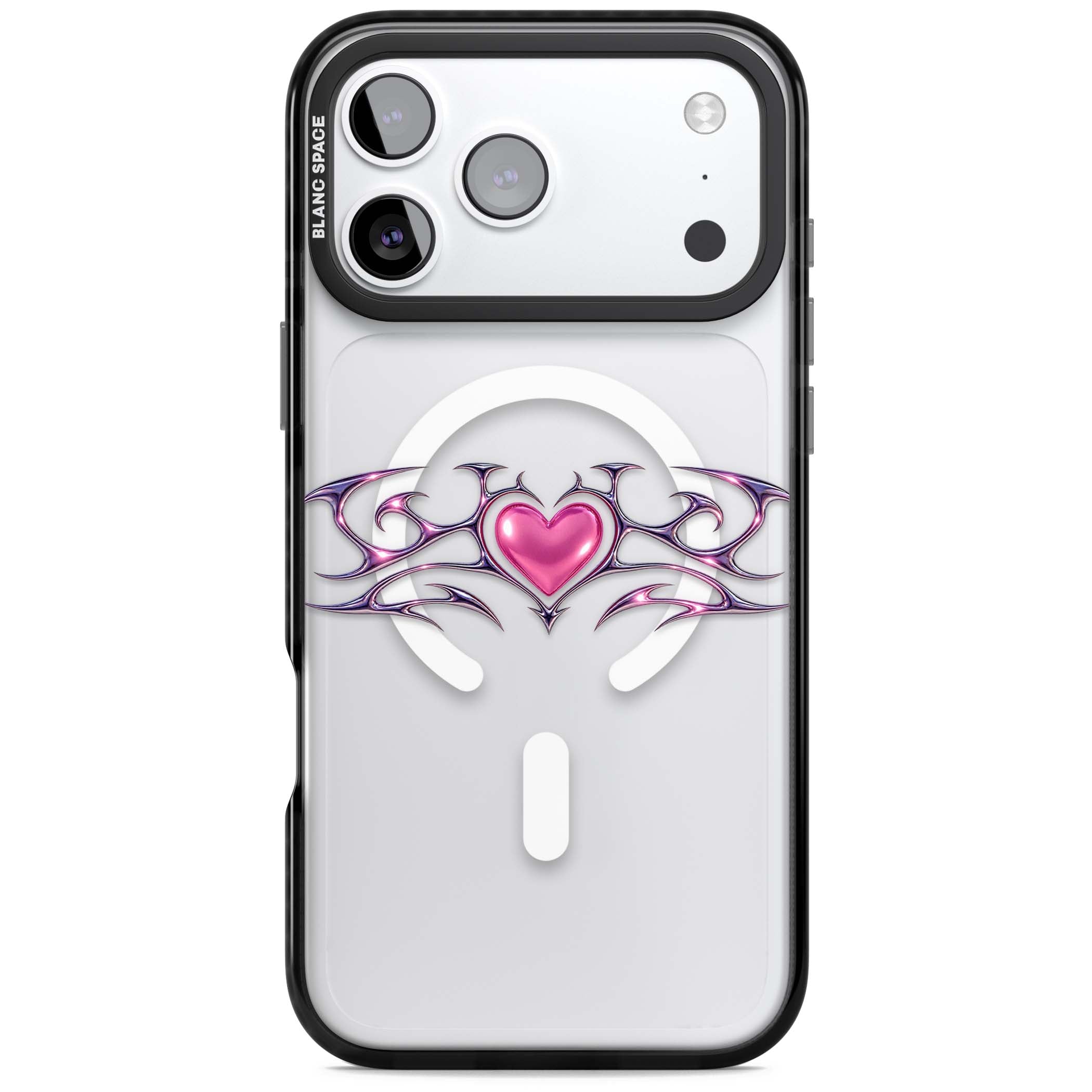 Pink Chrome Heart y2k iPhone case | Black Impact Magsafe case for iPhone 17 Pro, iPhone 17 Pro Max