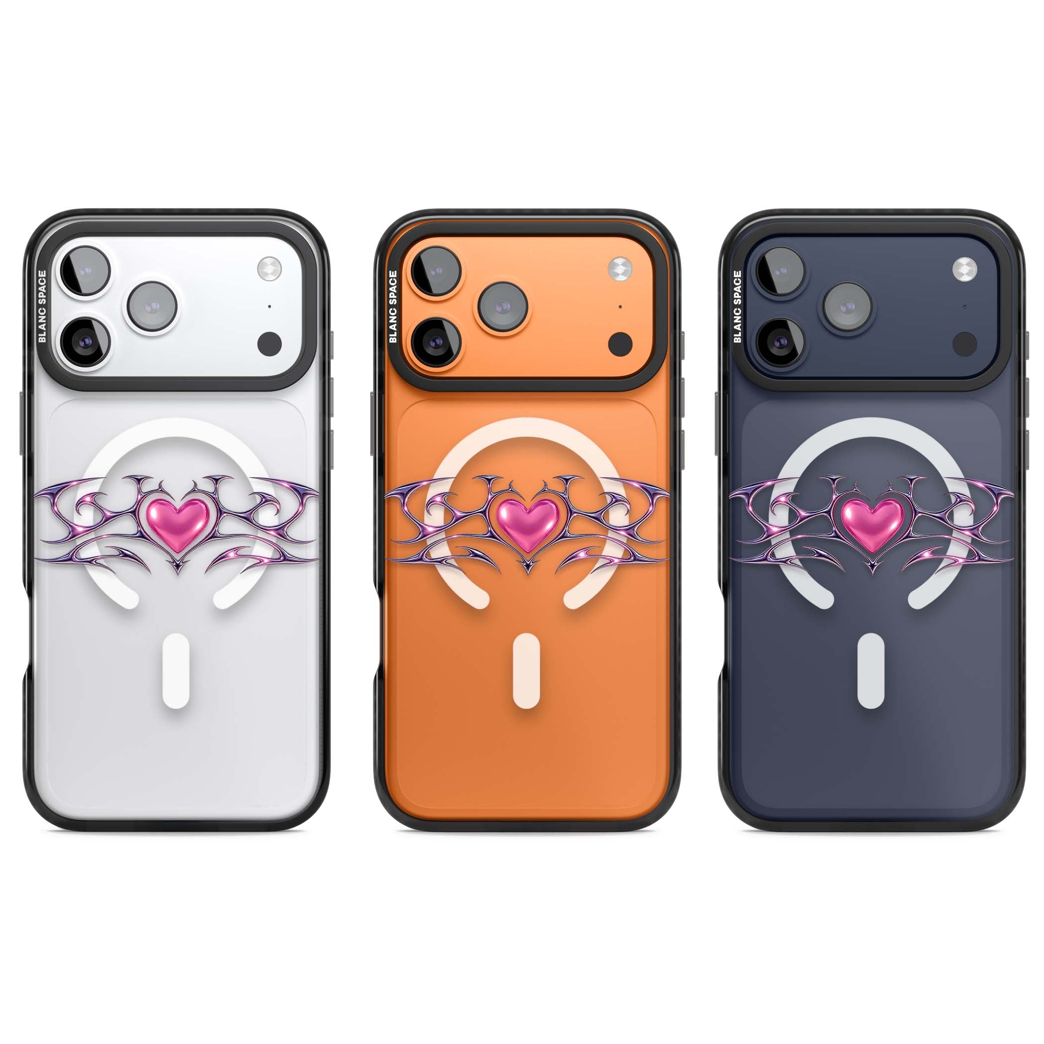 Pink Chrome Heart y2k iPhone case | Black Impact Magsafe case for iPhone 17 Pro, iPhone 17 Pro Max