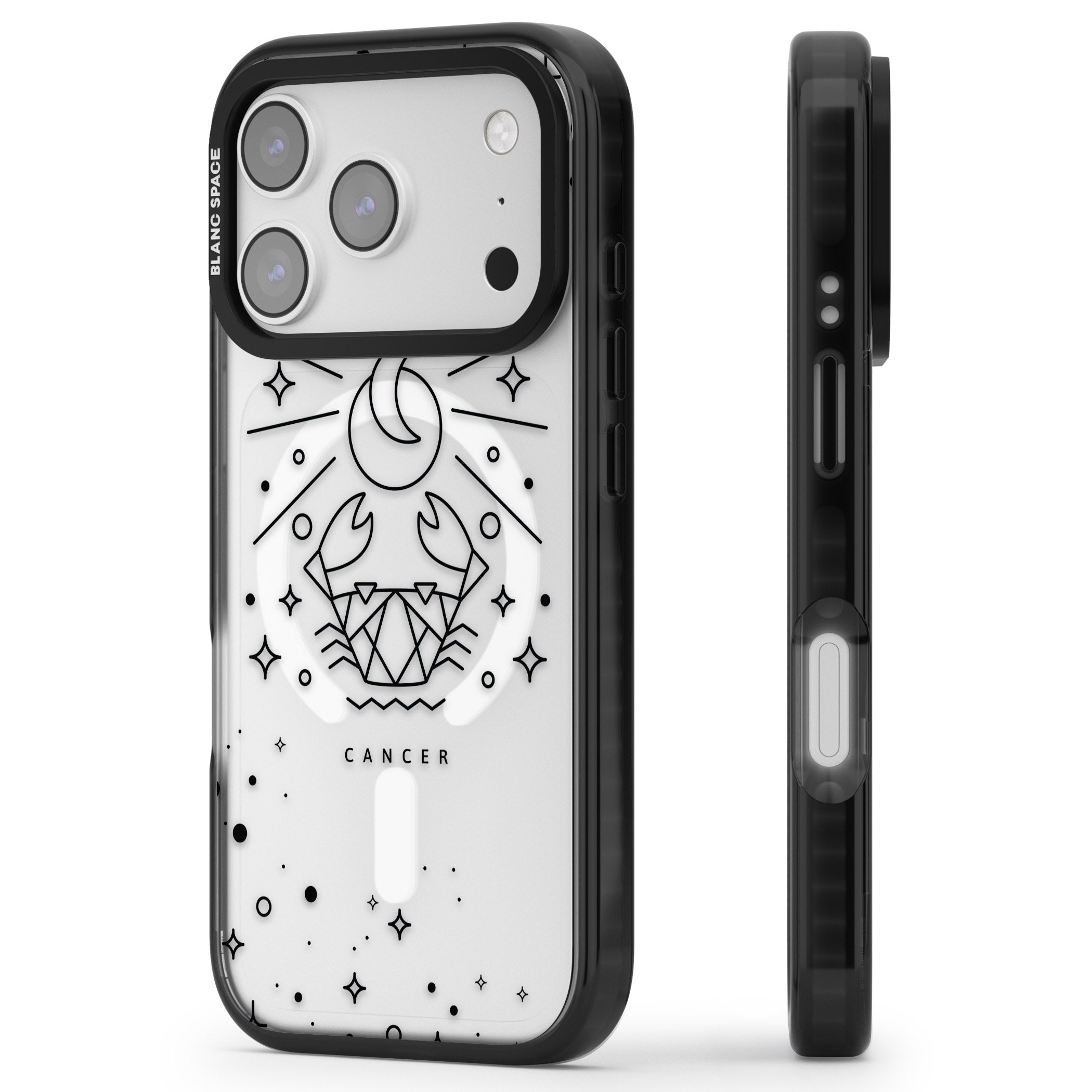 Zodiac Cancer Moon iPhone 17 Pro Impact Pro Black Phone Case Side Profile