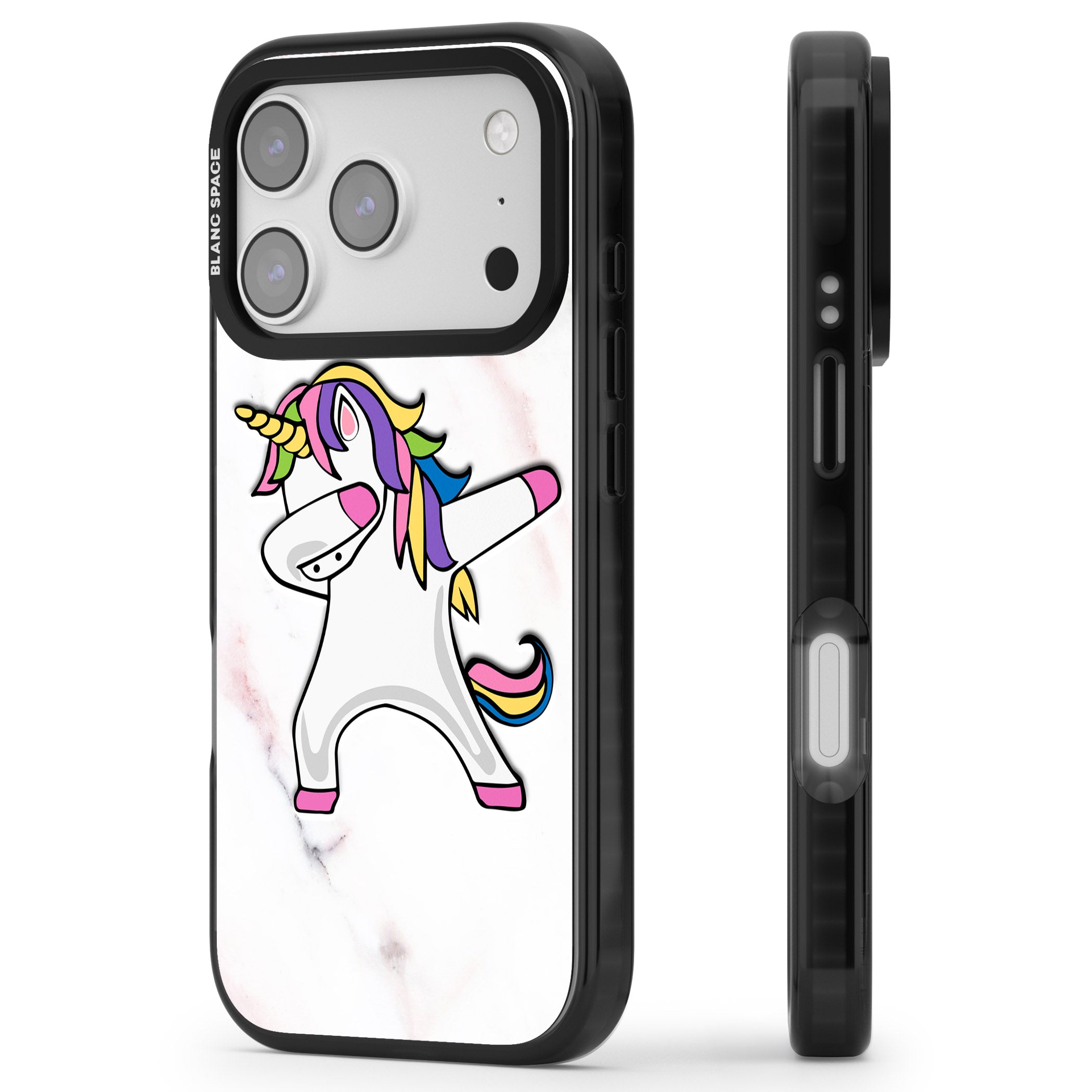 Designer Marble Unicorn Dab iPhone 17 Pro Impact Black Phone Case Side Profile