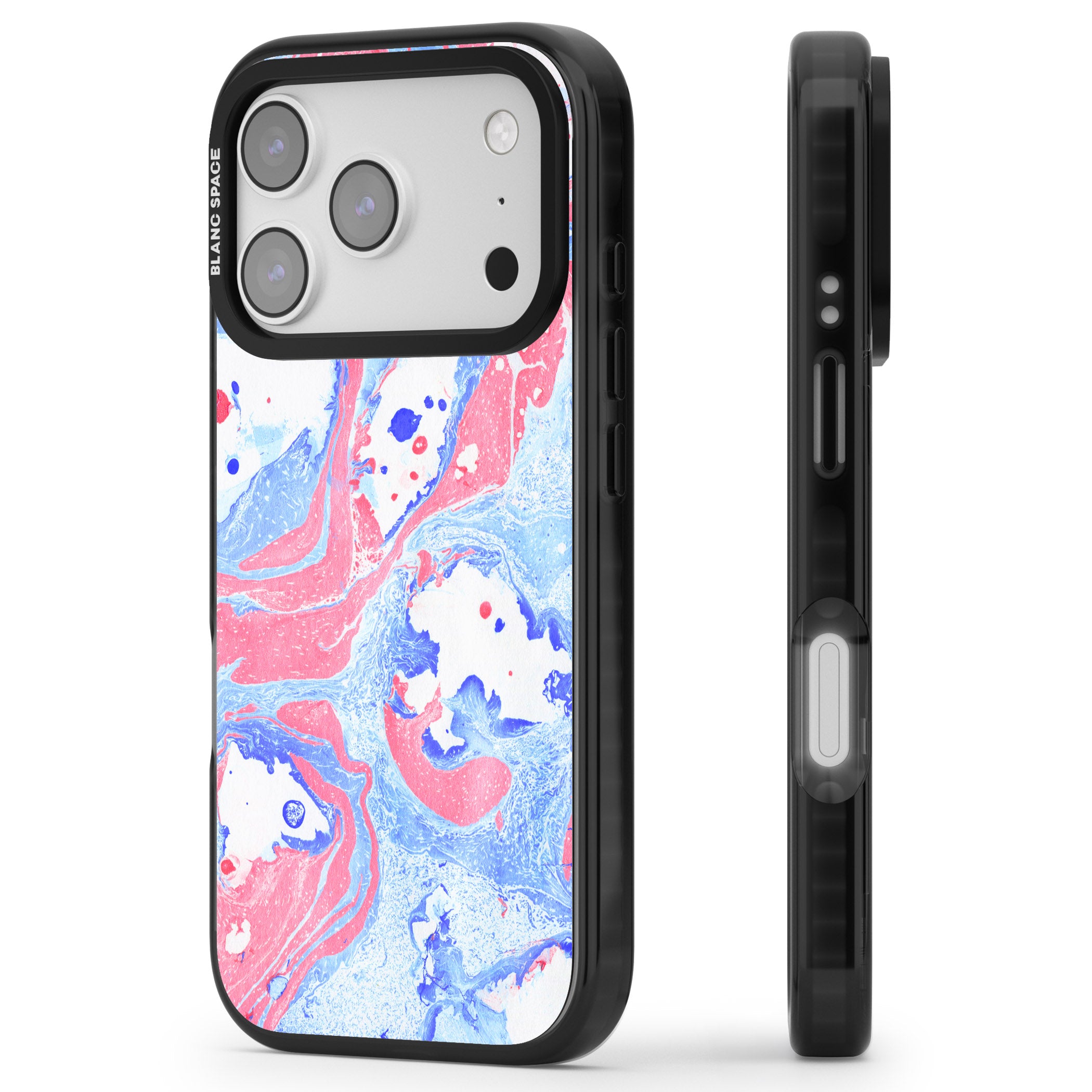 Pink, Blue & White Marbled Paper Pattern iPhone 17 Pro Impact Black Phone Case Side Profile
