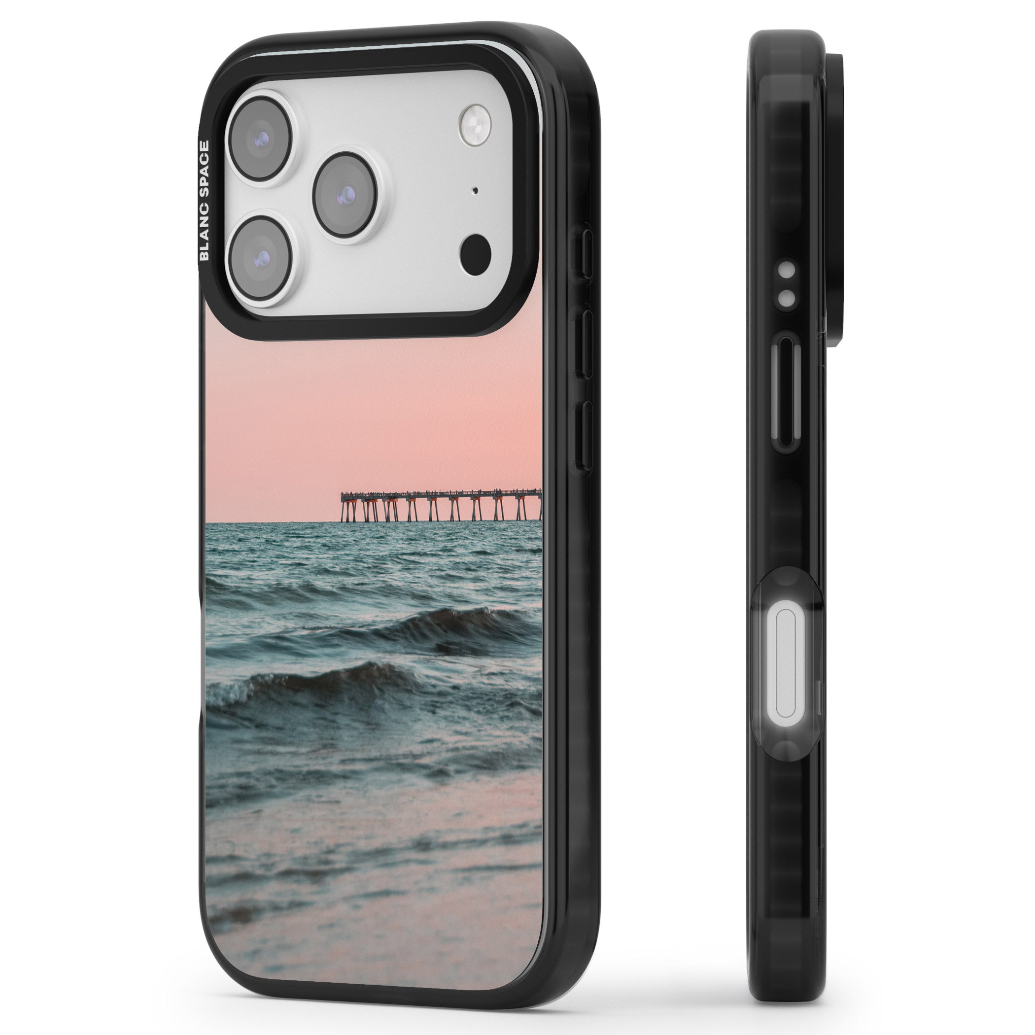 Sunset Pier iPhone 17 Pro Impact Black Phone Case Side Profile