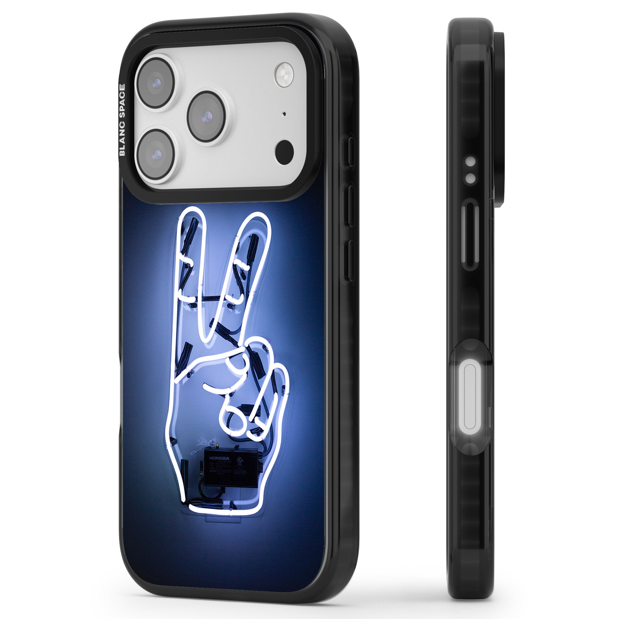 Neon Peace Sign iPhone 17 Pro Impact Black Phone Case Side Profile