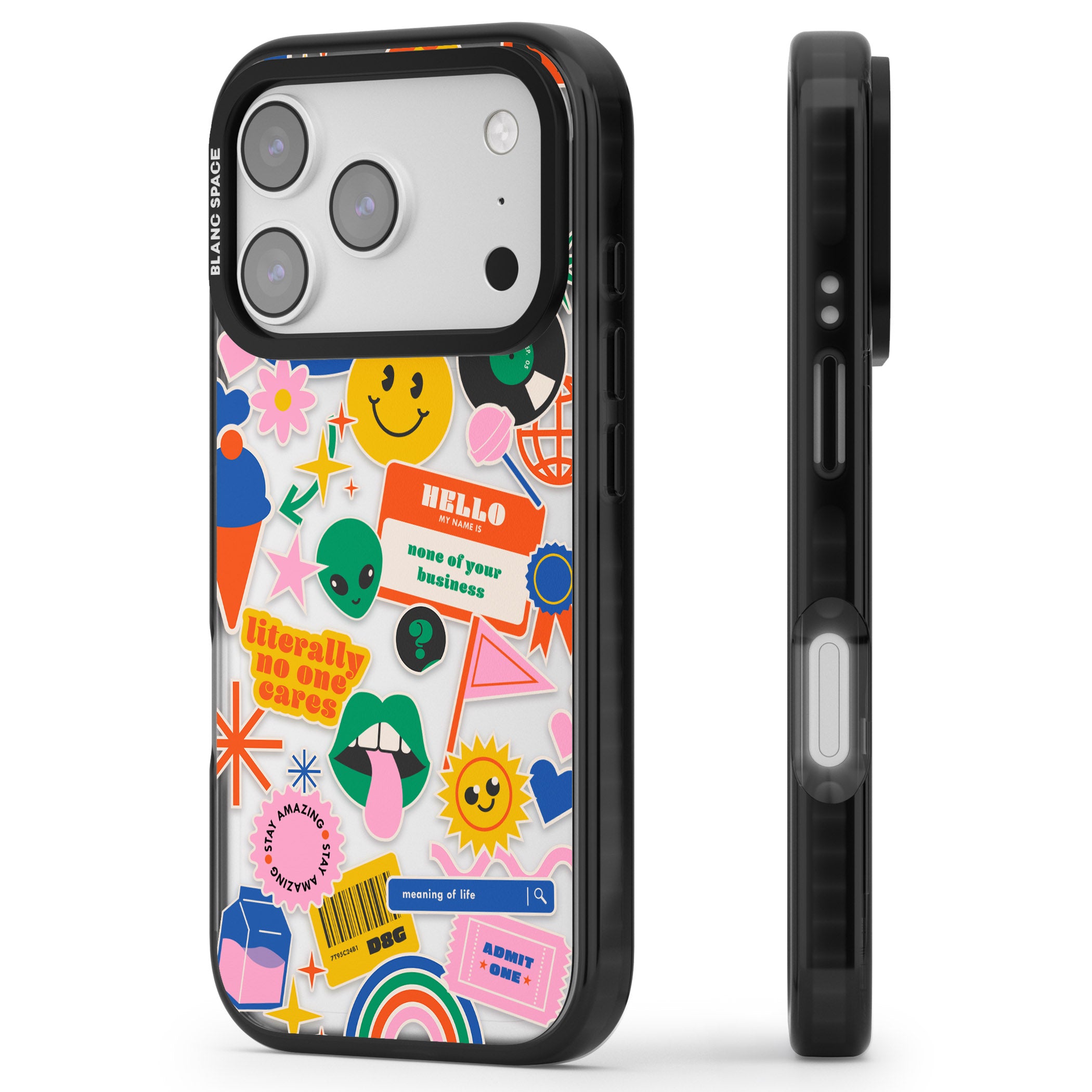 Nostalgic Sticker Vibes iPhone 17 Pro Impact Black Phone Case Side Profile