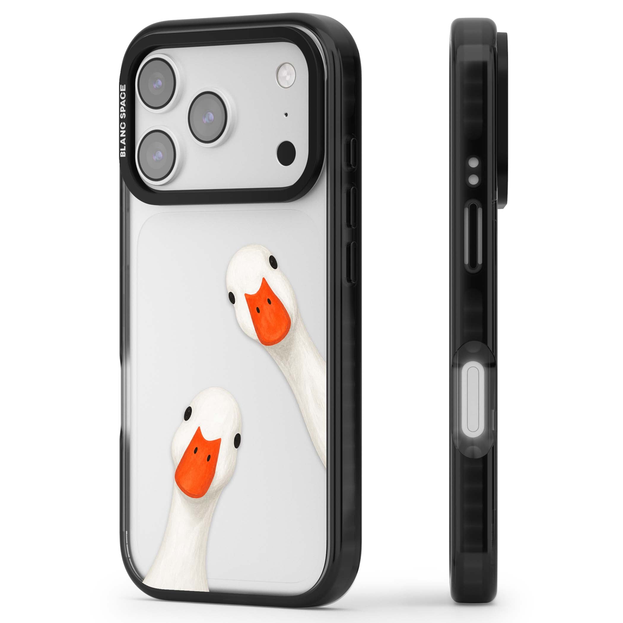 Nosy Ducks cottagecore iPhone case featuring two peeking white ducks with orange beaks on a clear background | Clear Impact case for iPhone 17 Pro, iPhone 17 Pro Max
