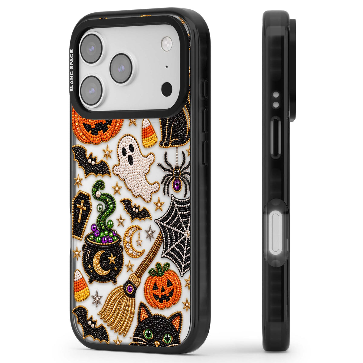 Beaded Halloween Halloween iPhone case featuring beaded pumpkins, ghosts, black cats and bats | Clear Impact case for iPhone 17 Pro, iPhone 17 Pro Max