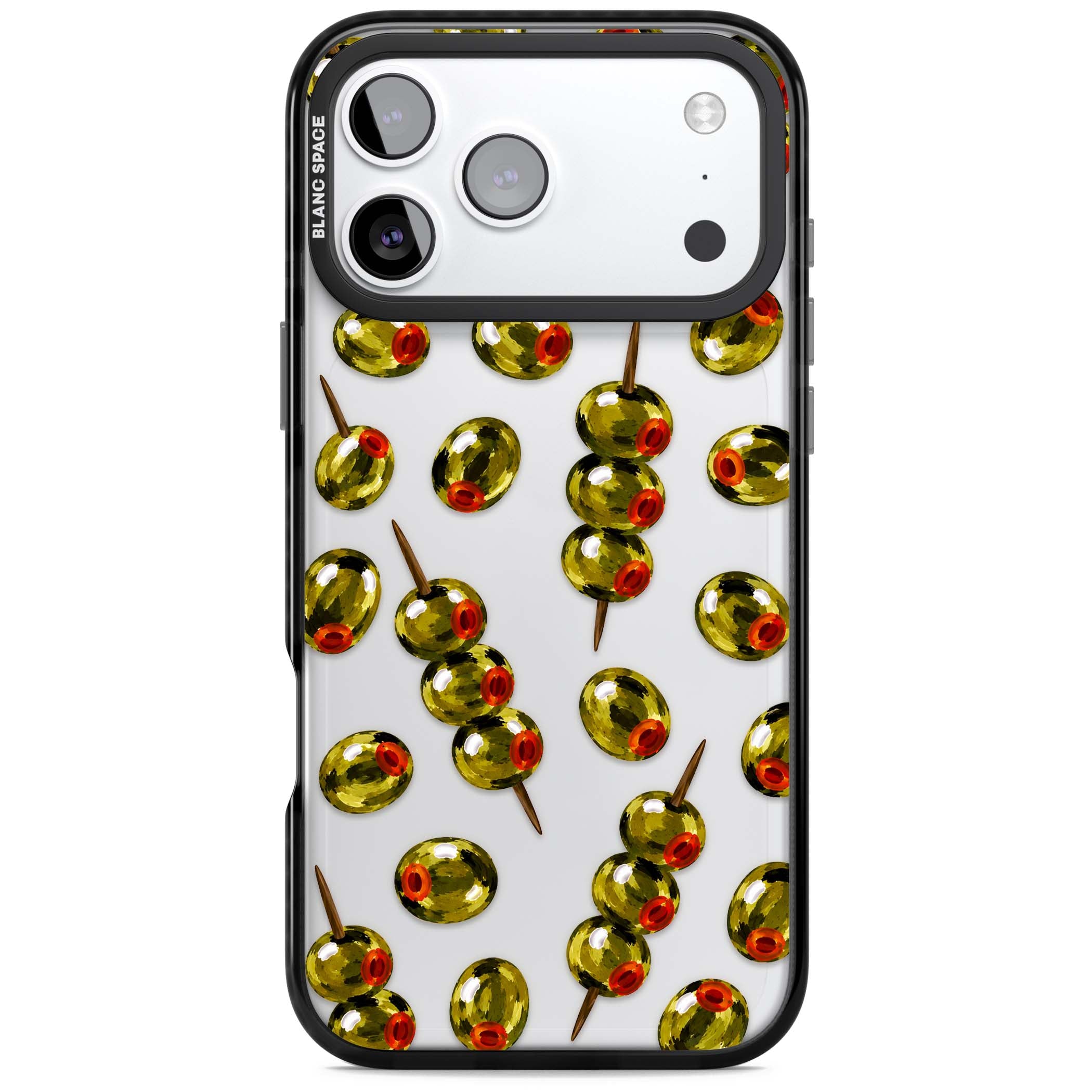 Painted Olives cocktail iPhone case featuring green olives, pimento centres and toothpick skewers on a clear background | Clear Impact case for iPhone 17 Pro, iPhone 17 Pro Max